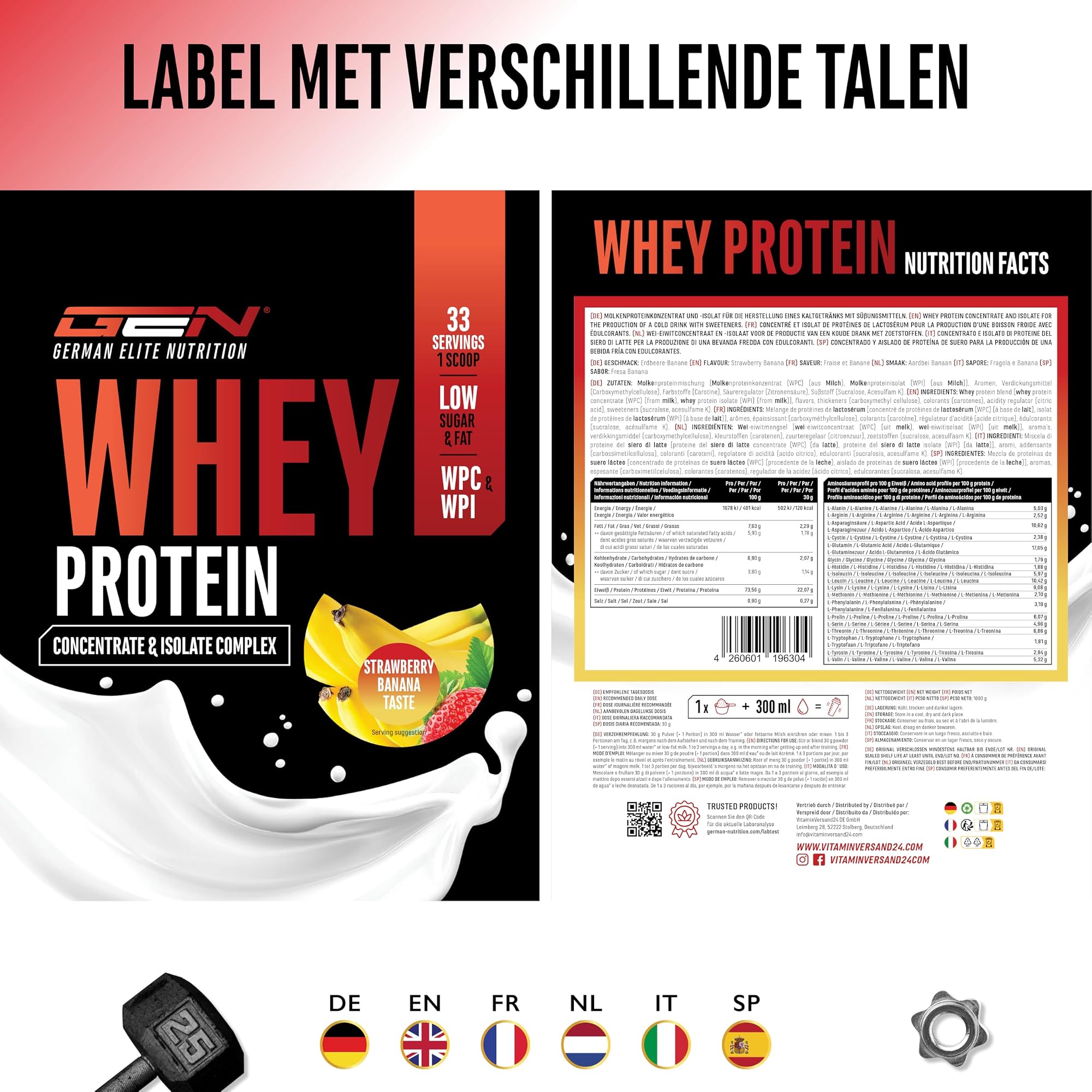 GEN Whey Protein Complex Aardbei-banaan 1 kg - etiket met voedingswaarden in verschillende talen