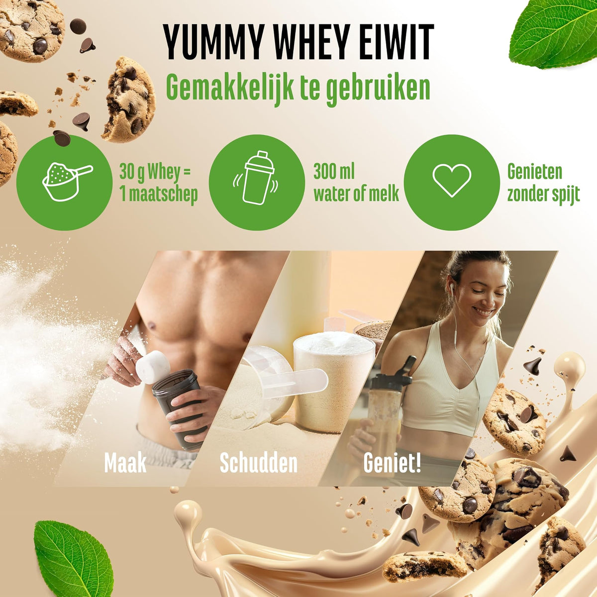 Vit4ever Yummy Whey Protein Cookie Dough 908 g - bereiden: 30 g poeder met 300 ml water of melk