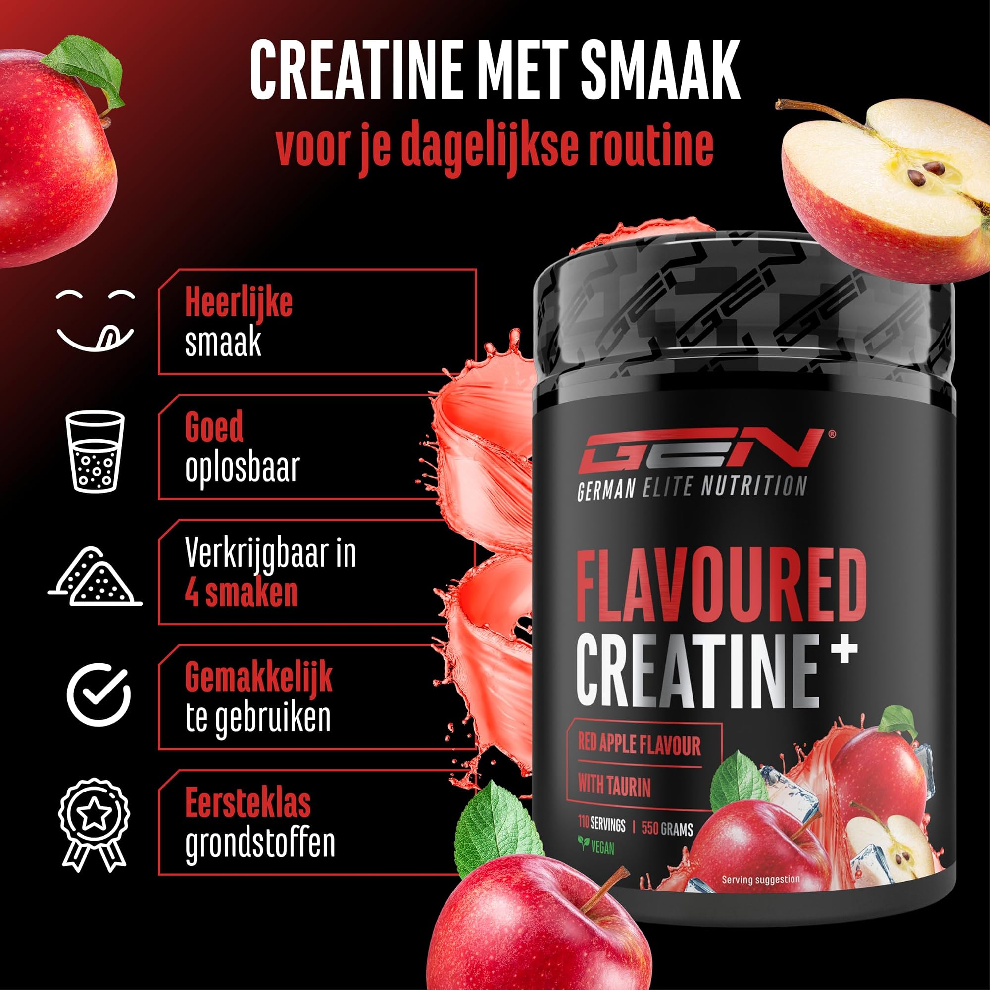 German Elite Nutrition Flavoured Creatine+ Rode Appel 550 g - productverpakking van sportsupplement