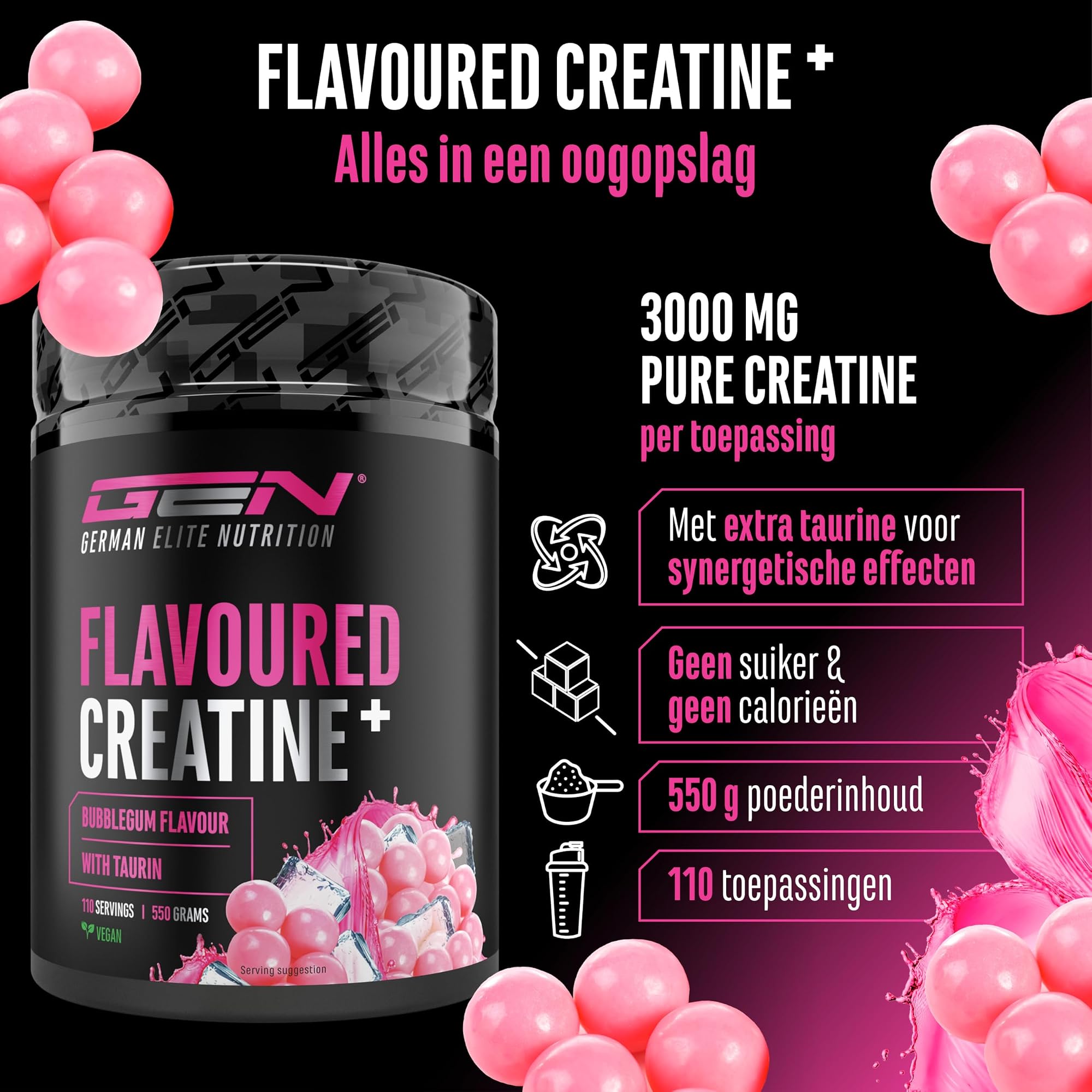 German Elite Nutrition Flavoured Creatine+ Bubblegum 550 g - sportsupplement zonder onnodige toevoegingen