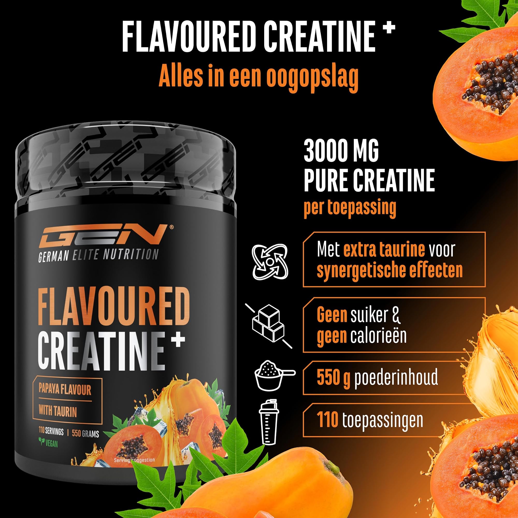 German Elite Nutrition Flavoured Creatine+ Papaya 550 g - sportsupplement zonder onnodige toevoegingen