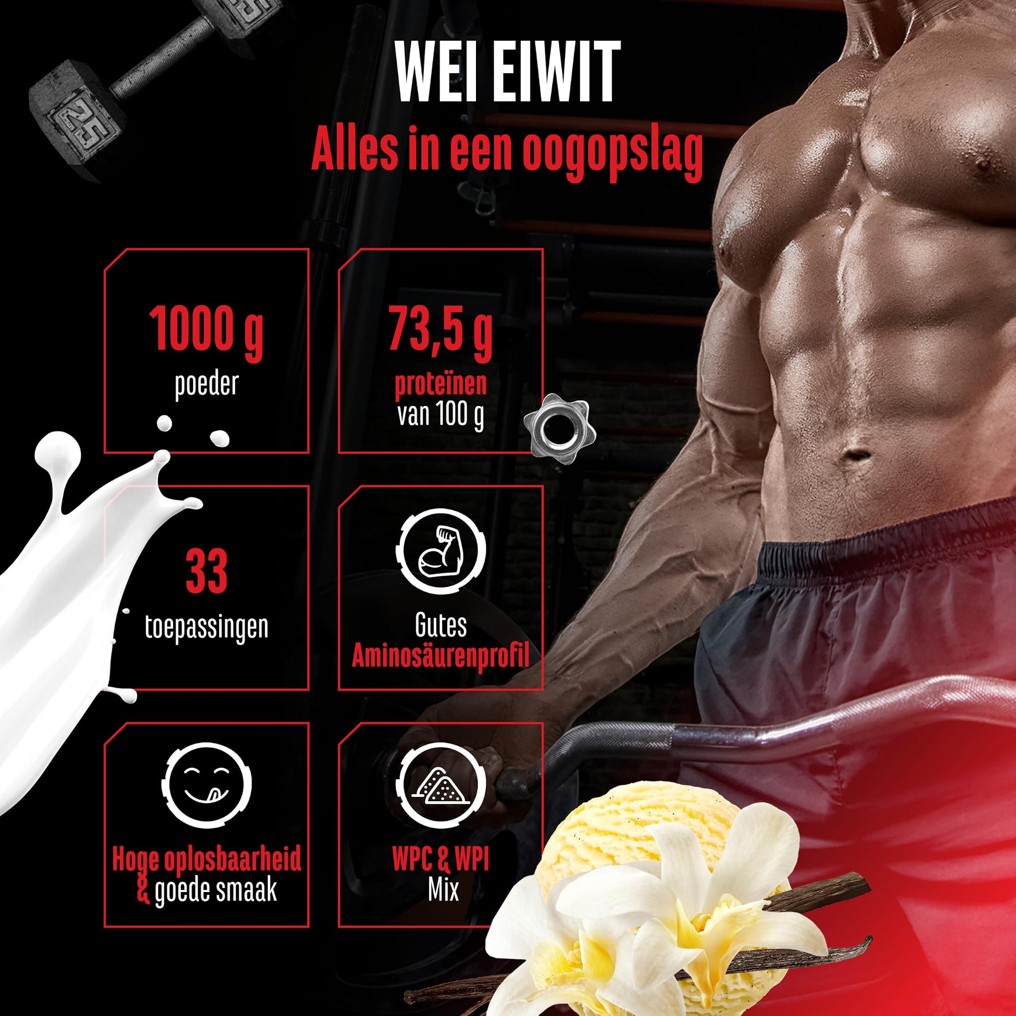 GEN Whey Protein Complex Vanille-ijs 1 kg - alles in een oogopslag: 1000 g, 73,5 g eiwit per 100 g, 33 porties