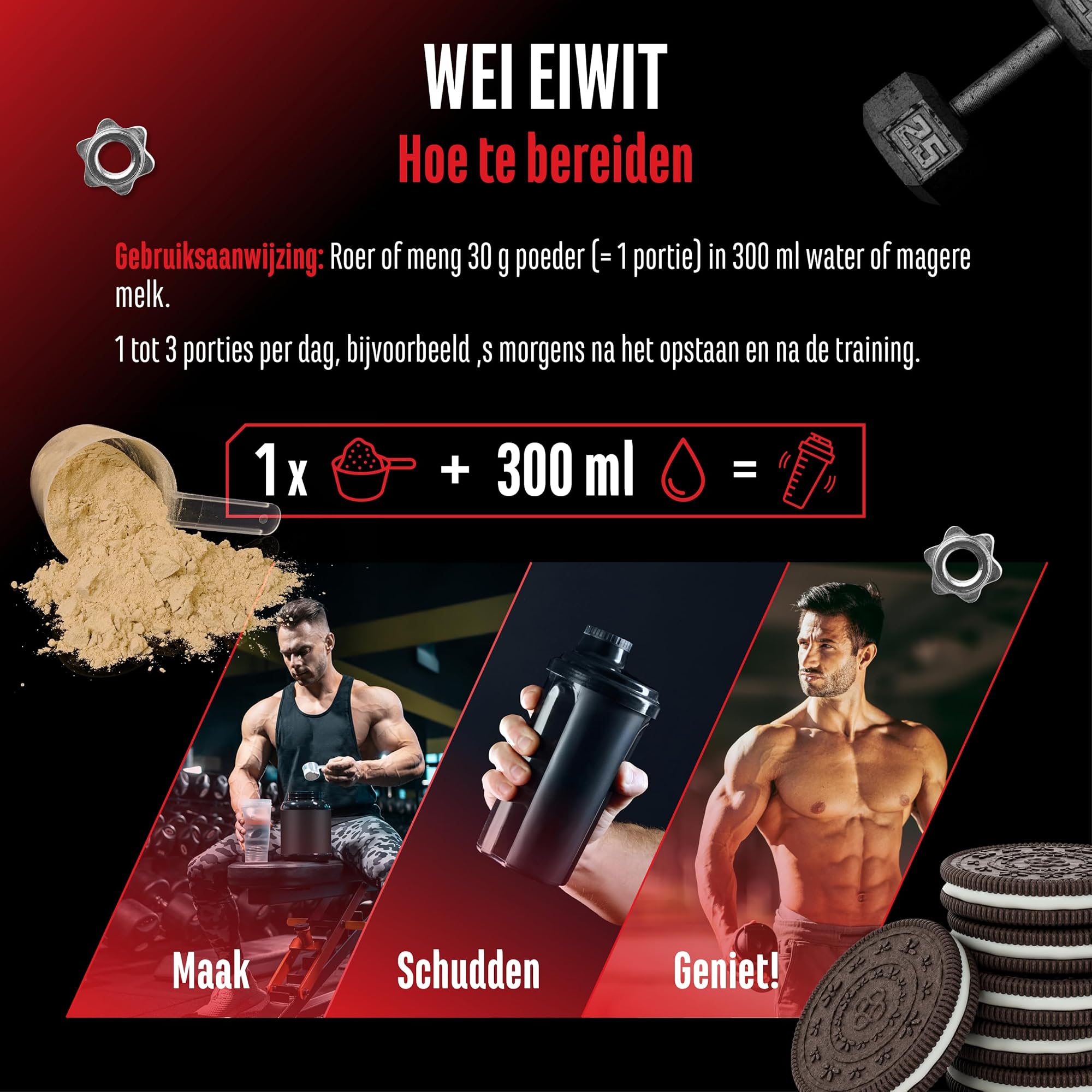 GEN Whey Protein Complex Cookies and Cream 1 kg - bereiden: 30 g poeder met 300 ml water of magere melk