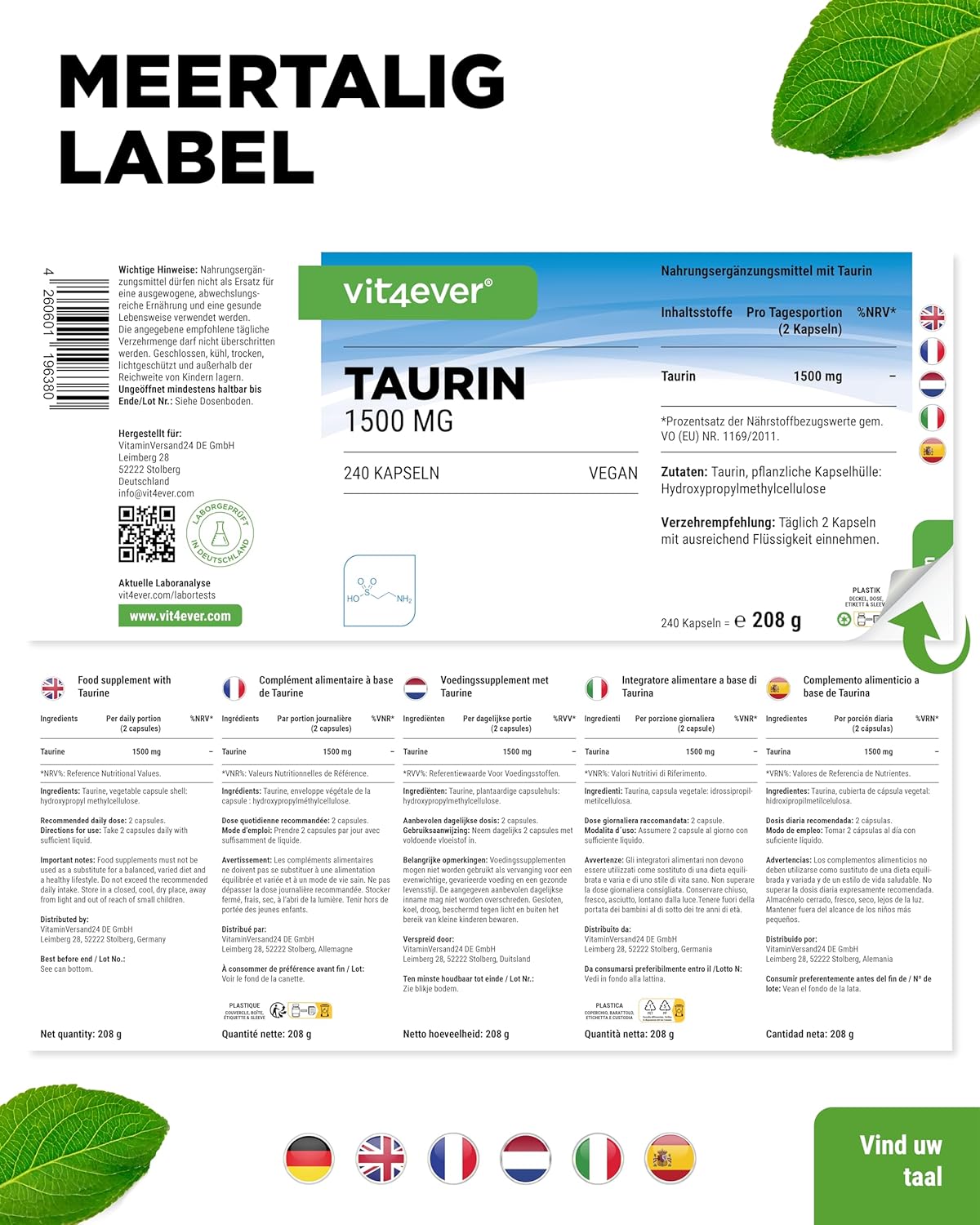 Taurine (L-Taurine) 1500mg | 240 Capsules | Vit4ever