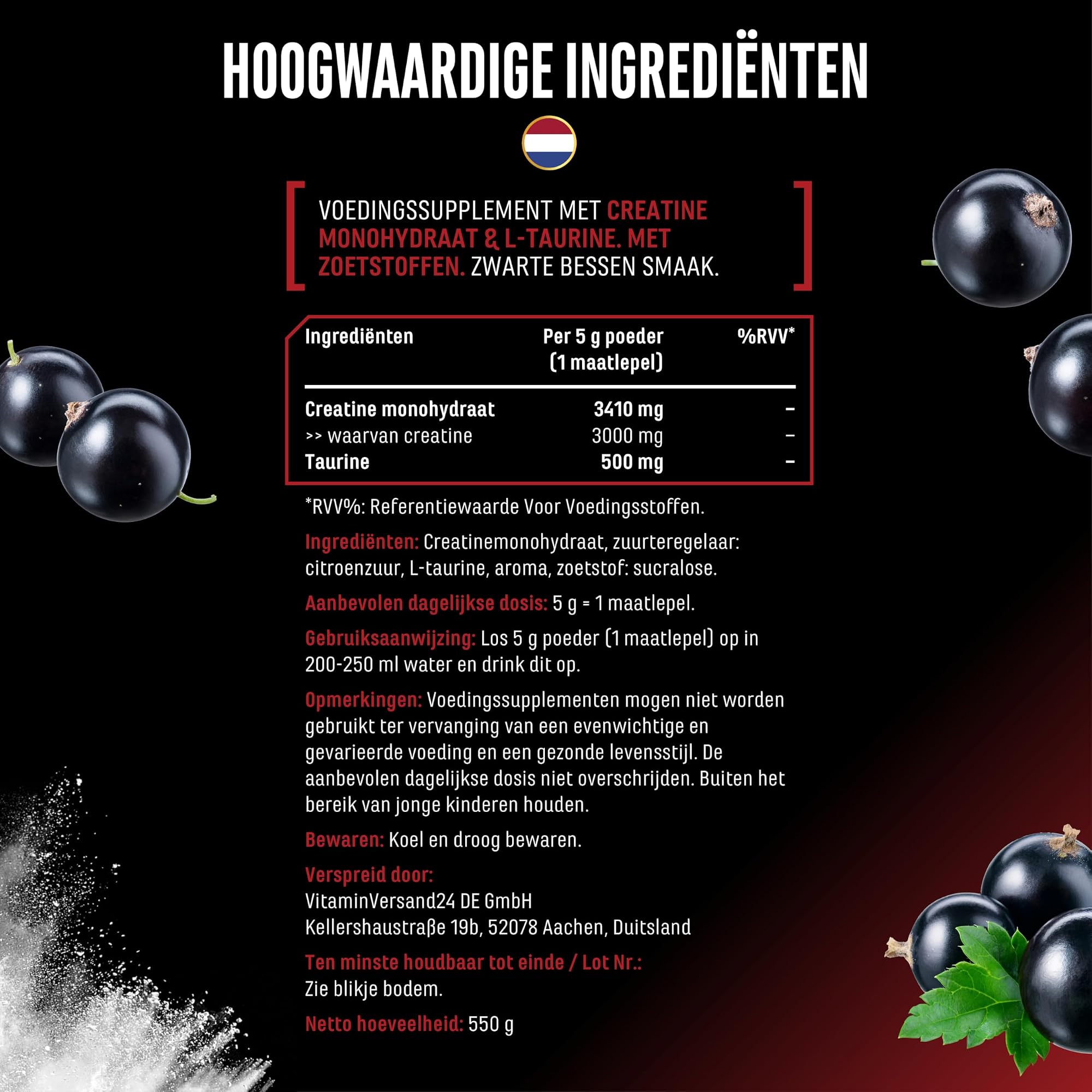 German Elite Nutrition Flavoured Creatine+ Zwarte bes 550 g - sportsupplement van hoge zuiverheid