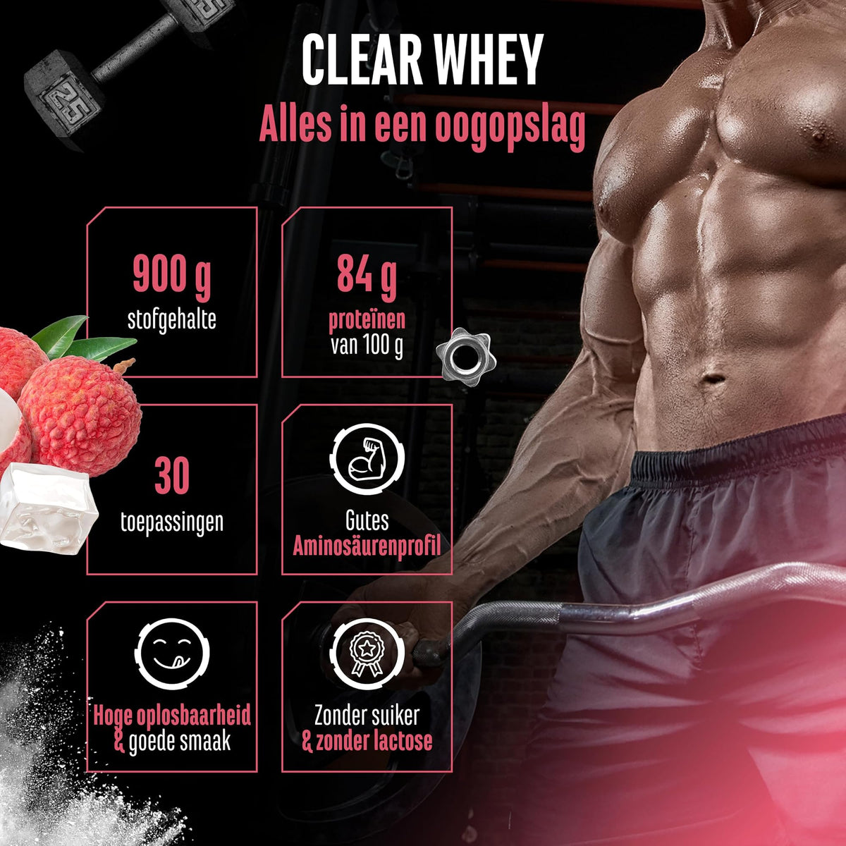 GEN Clear Whey Protein Isolate Lychee 900 g - alles in een oogopslag: 25 g eiwit per portie, 30 porties, lactosevrij