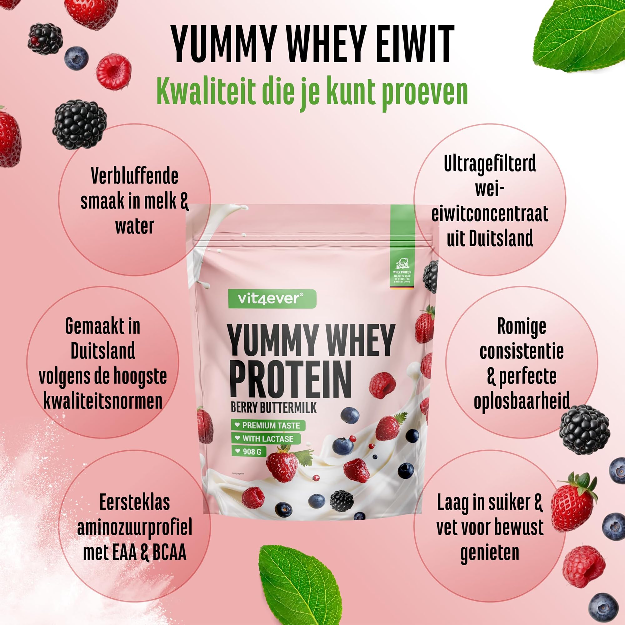 Vit4ever Yummy Whey Protein Berry Buttermilk 908 g - ultragefilterd wei-eiwitconcentraat uit Duitsland met EAA en BCAA