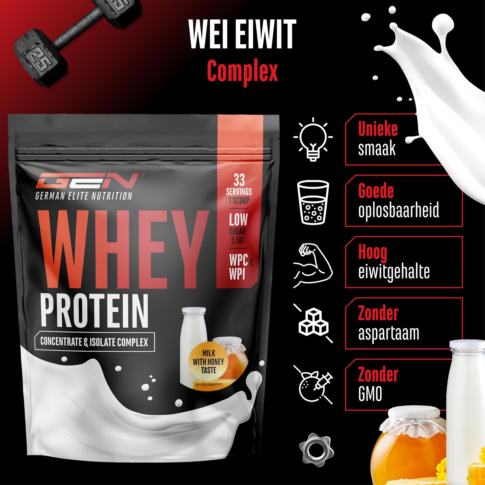 GEN Whey Protein Complex Melk met honing 1 kg - WPC en WPI mix, hoge oplosbaarheid, zonder aspartaam