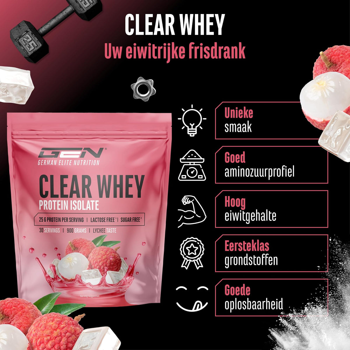 GEN Clear Whey Protein Isolate Lychee 900 g - eiwitrijke frisdrank die helder oplost in water