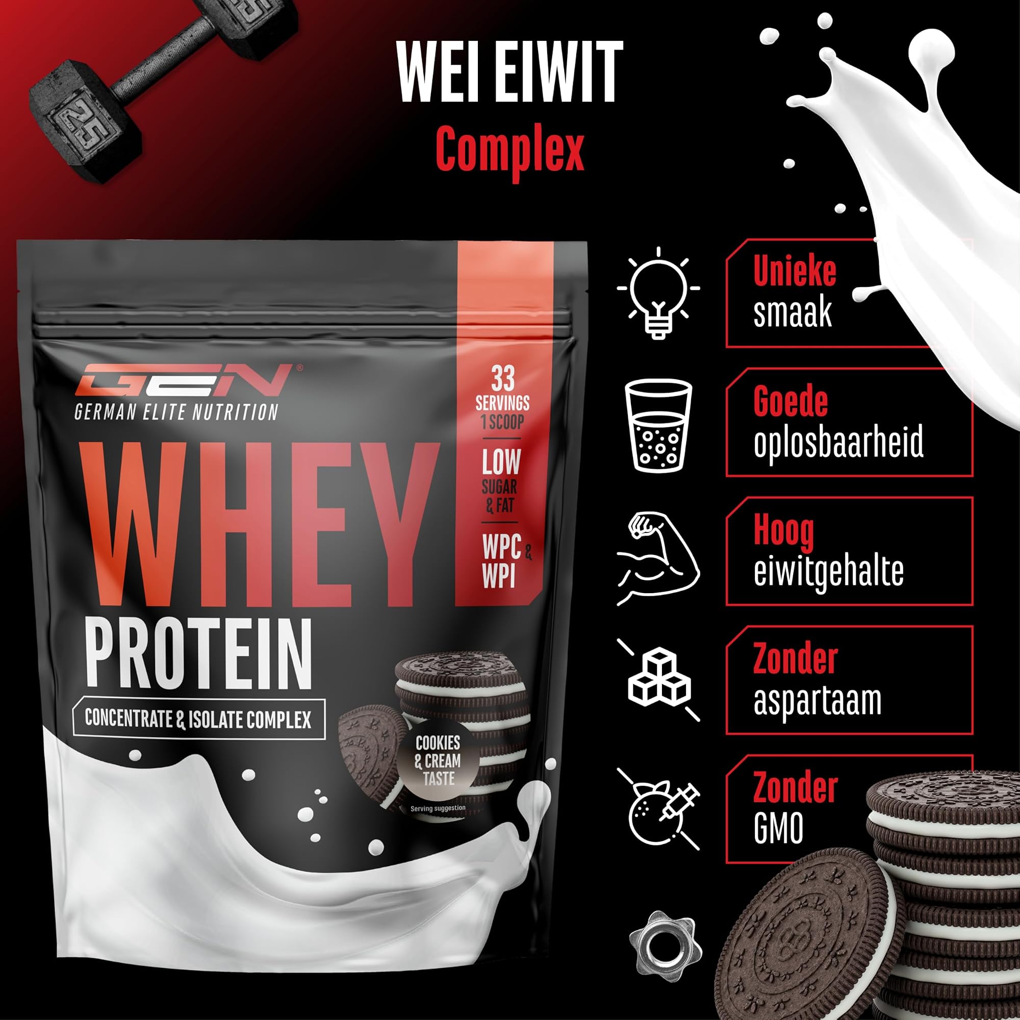 GEN Whey Protein Complex Cookies and Cream 1 kg - WPC en WPI mix, hoge oplosbaarheid, zonder aspartaam