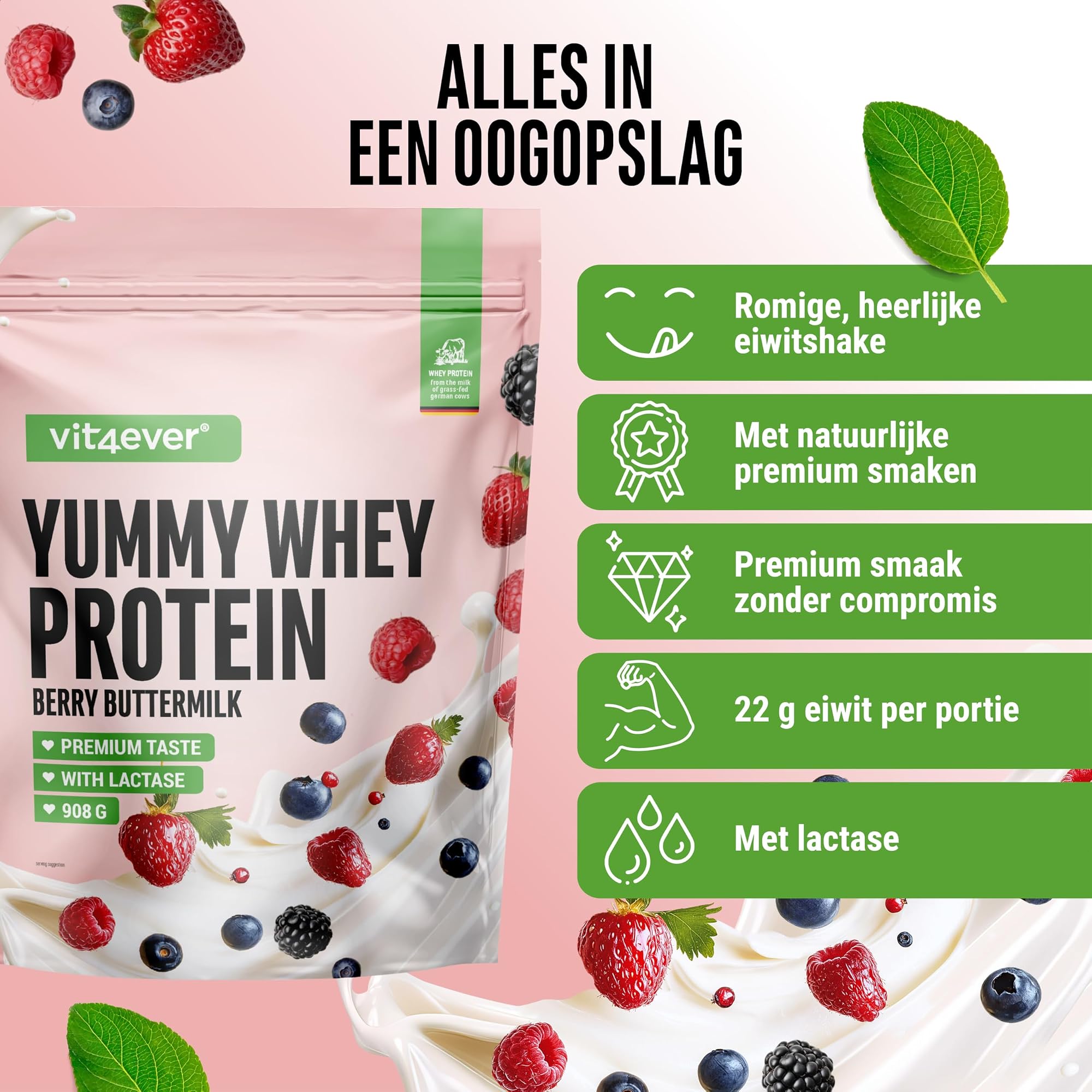 Vit4ever Yummy Whey Protein Berry Buttermilk 908 g - hoogtepunten: romige eiwitshake met natuurlijke premium smaken en lactase