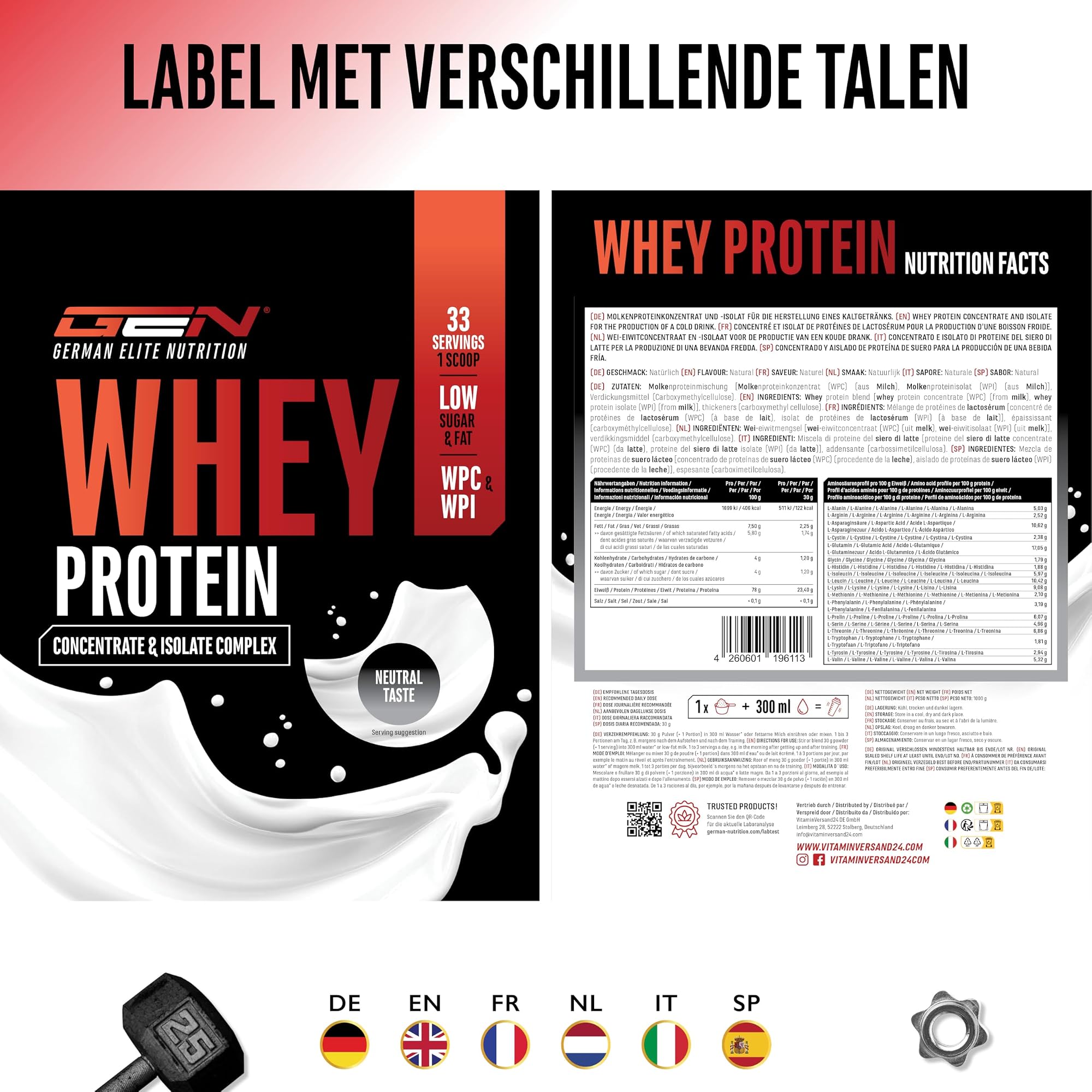 GEN Whey Protein Complex Neutraal 1 kg - etiket met voedingswaarden in verschillende talen