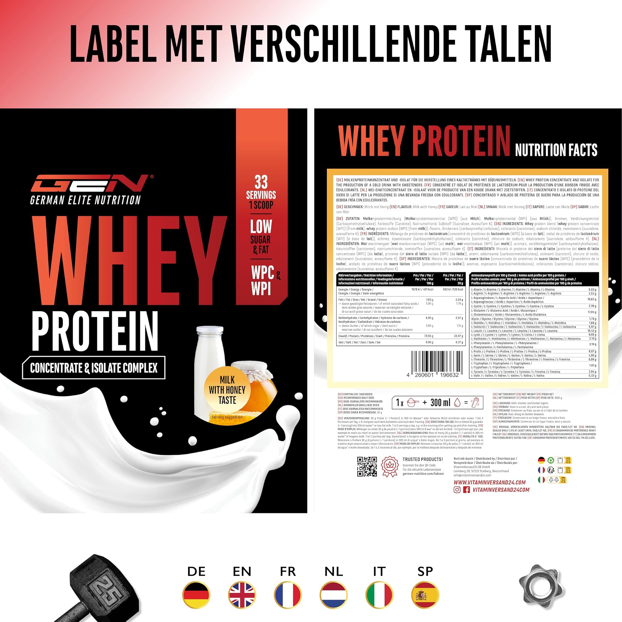 GEN Whey Protein Complex Melk met honing 1 kg - etiket met voedingswaarden in verschillende talen