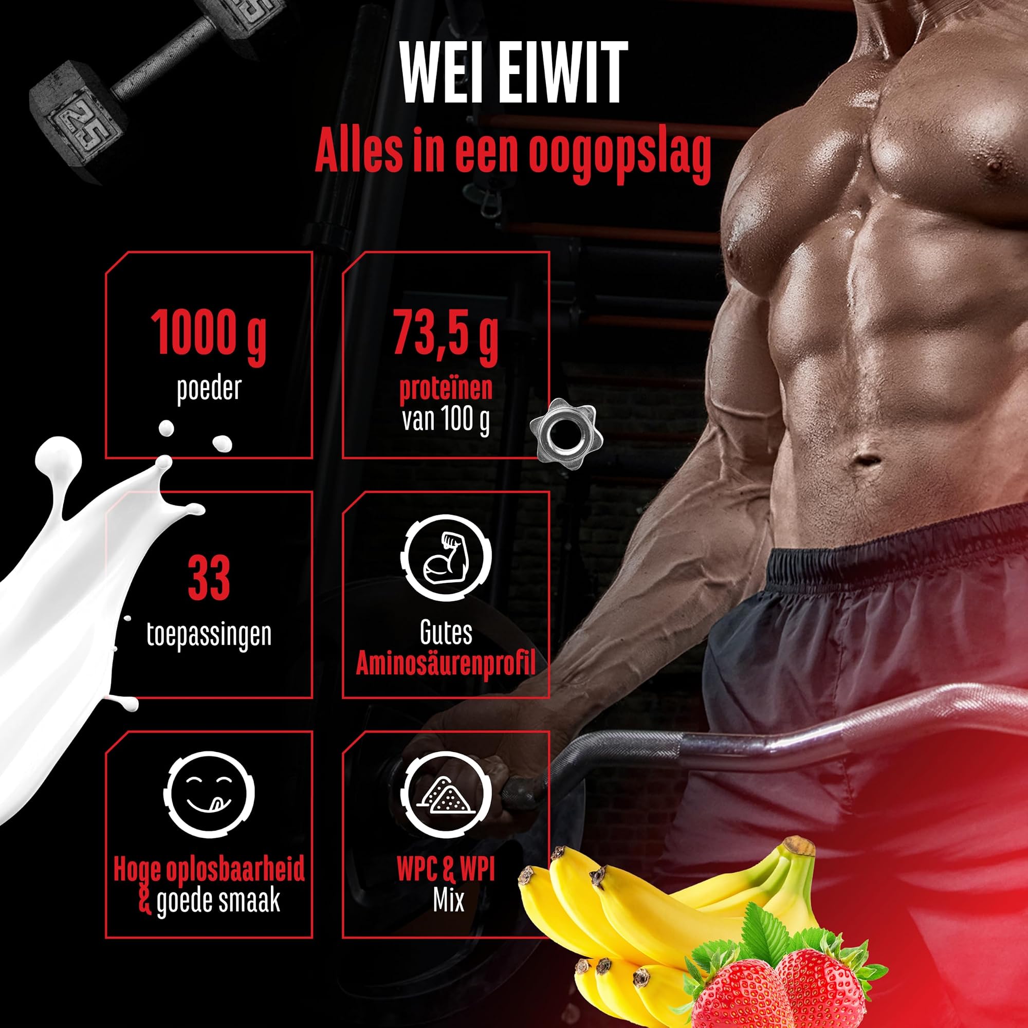 GEN Whey Protein Complex Aardbei-banaan 1 kg - alles in een oogopslag: 1000 g, 73,5 g eiwit per 100 g, 33 porties