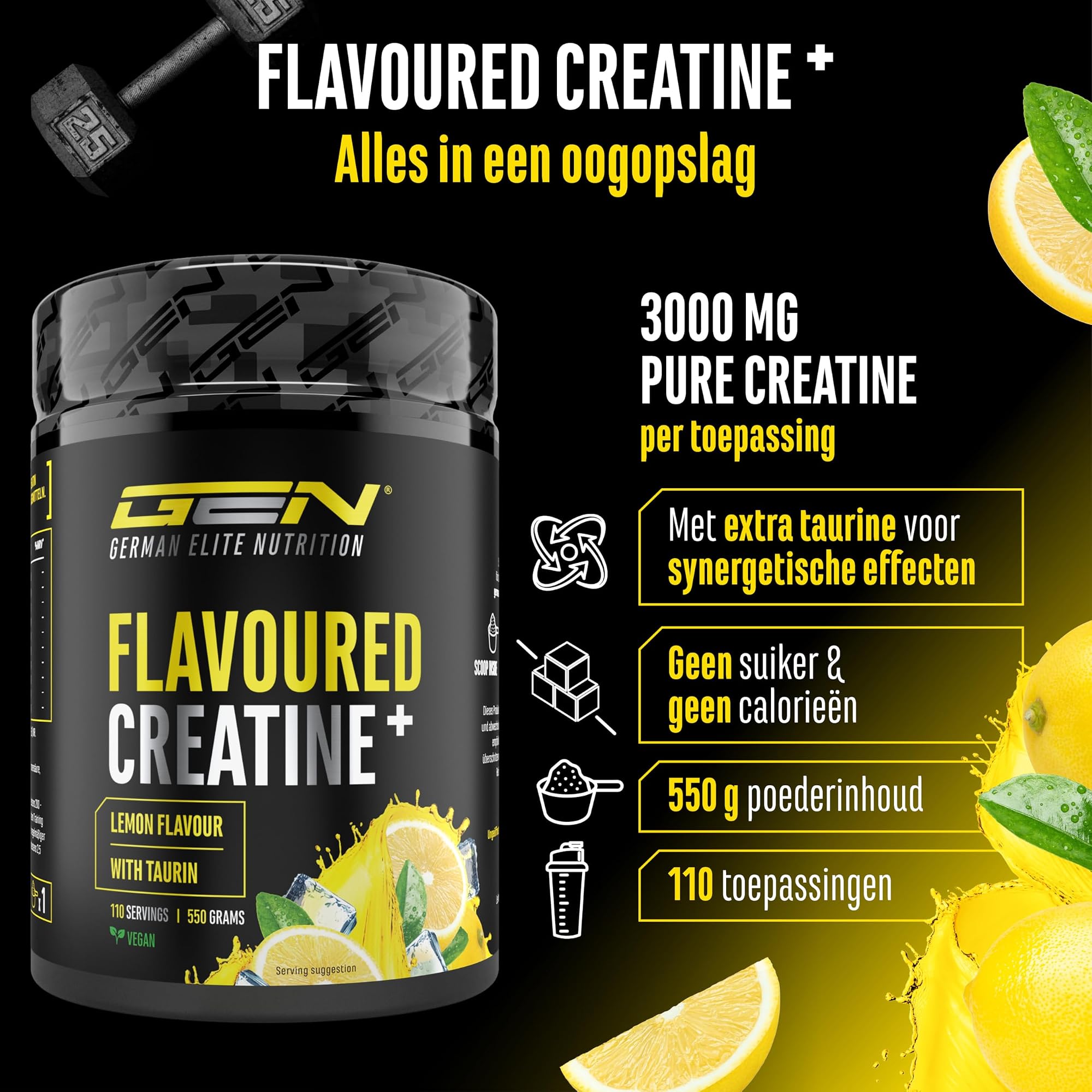 German Elite Nutrition Flavoured Creatine+ Citroen 550 g - sportsupplement zonder onnodige toevoegingen