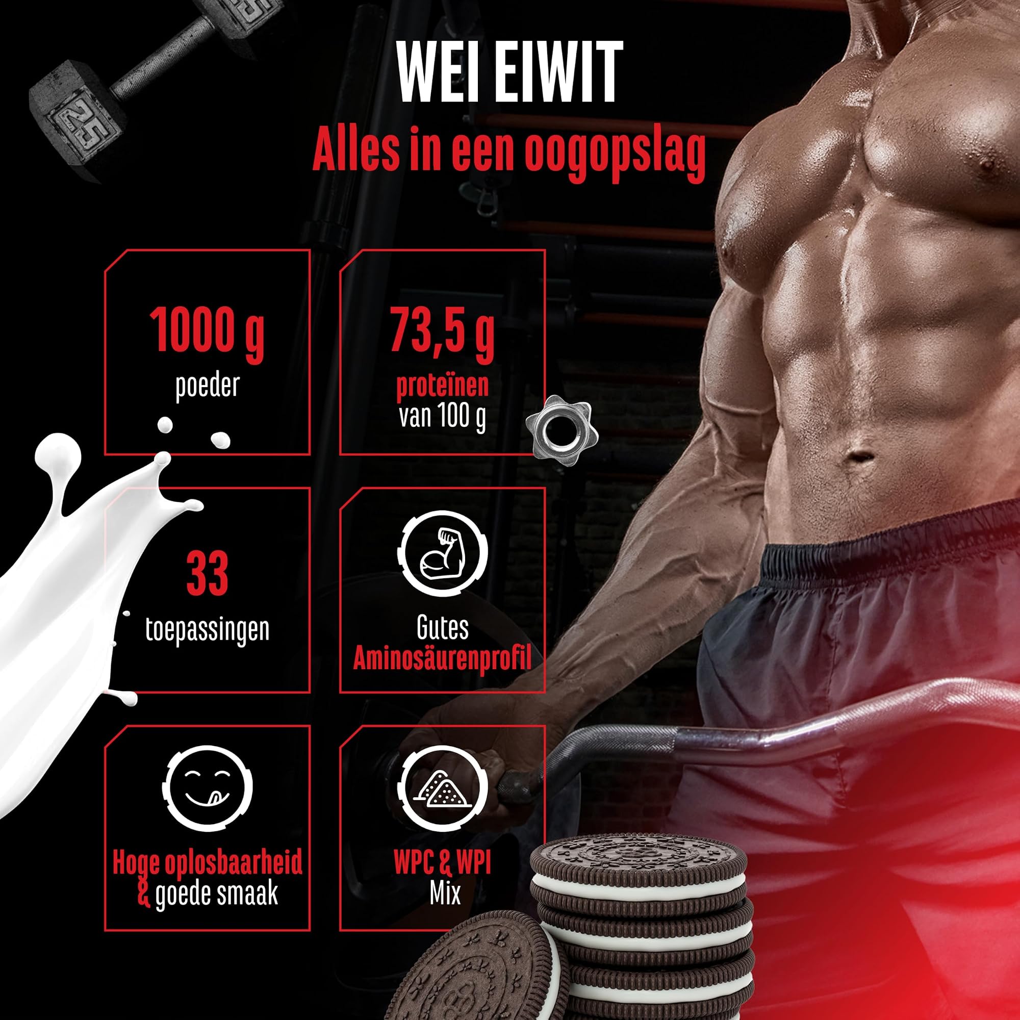 GEN Whey Protein Complex Cookies and Cream 1 kg - alles in een oogopslag: 1000 g, 73,5 g eiwit per 100 g, 33 porties