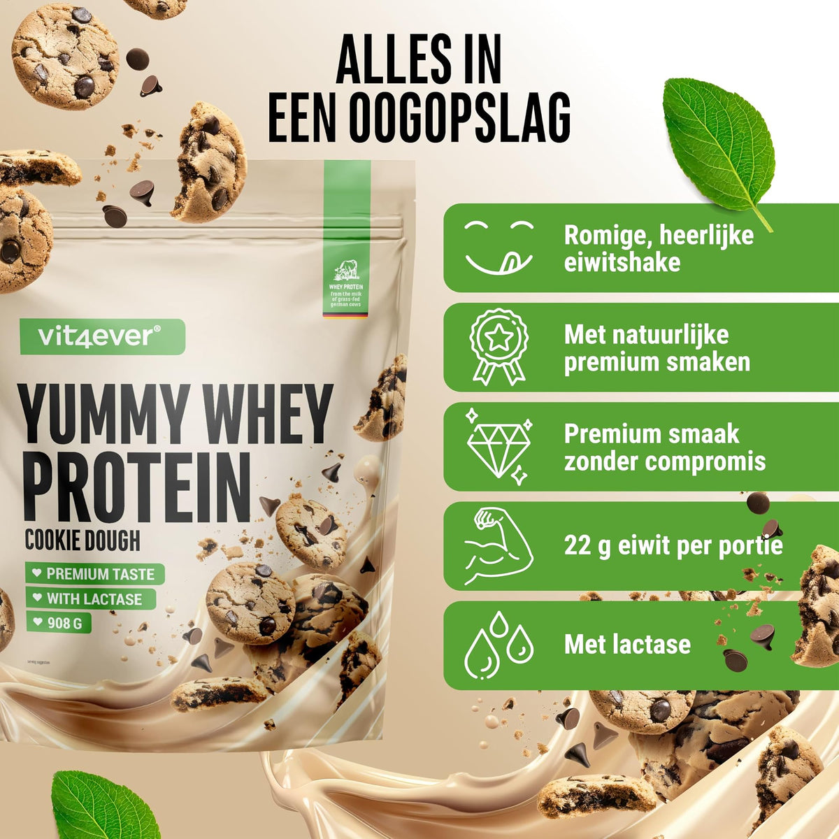 Vit4ever Yummy Whey Protein Cookie Dough 908 g - hoogtepunten: romige eiwitshake met natuurlijke premium smaken en lactase