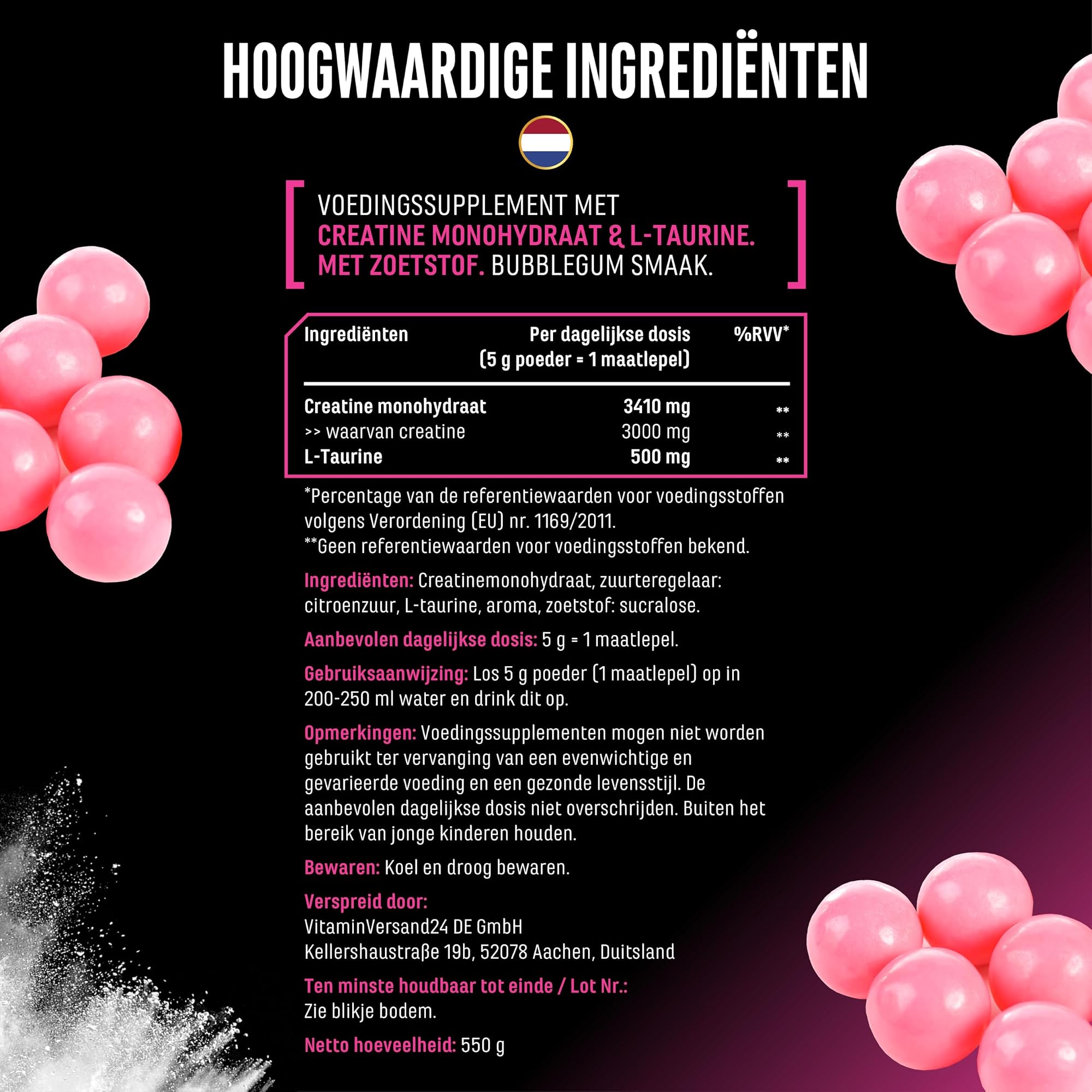 German Elite Nutrition Flavoured Creatine+ Bubblegum 550 g - sportsupplement van hoge zuiverheid