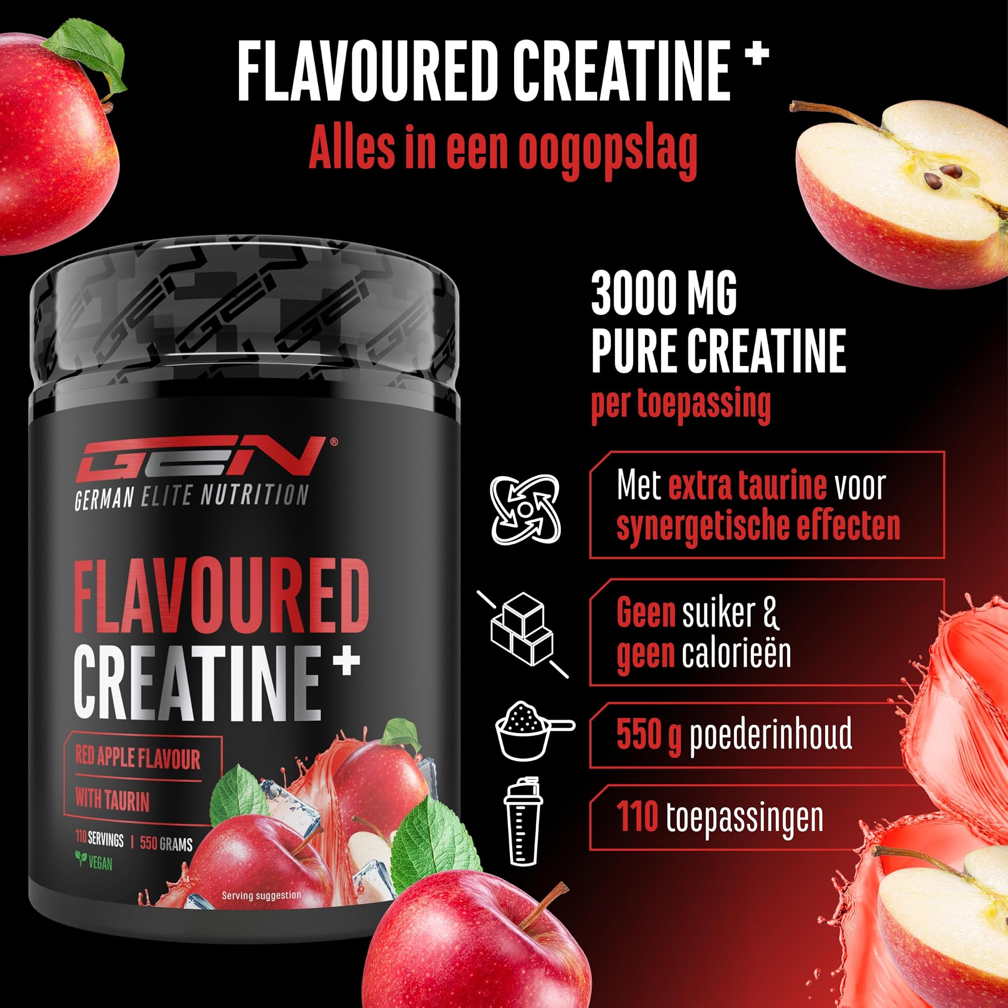 German Elite Nutrition Flavoured Creatine+ Rode Appel 550 g - sportsupplement zonder onnodige toevoegingen