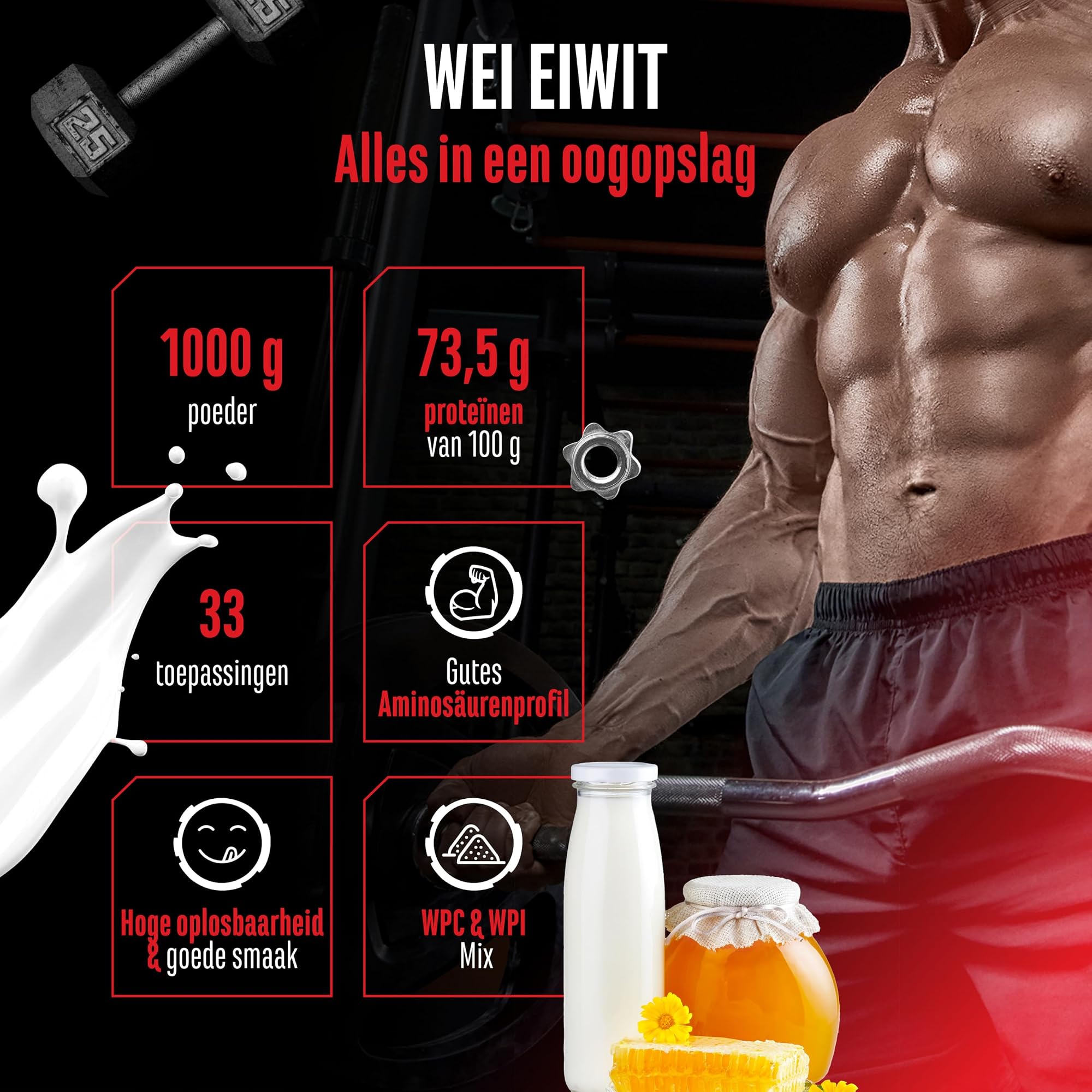 GEN Whey Protein Complex Melk met honing 1 kg - alles in een oogopslag: 1000 g, 73,5 g eiwit per 100 g, 33 porties