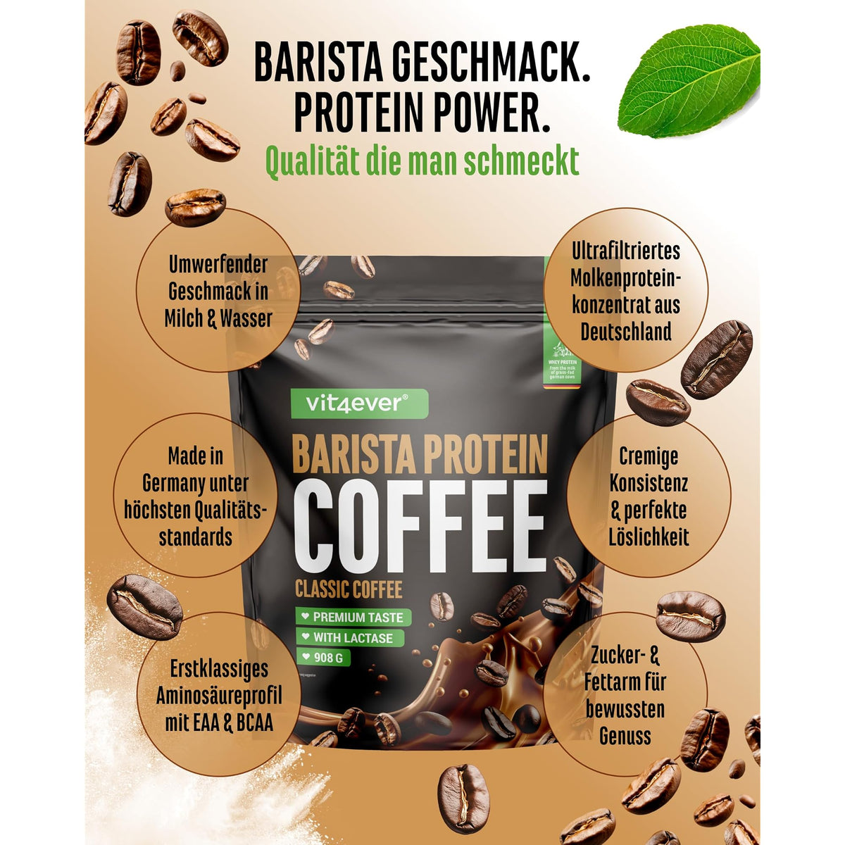 Vit4ever Barista Whey Classic 908 g - 21 g eiwit en 80 mg cafeine per portie, ultragefilterd wei-eiwitconcentraat