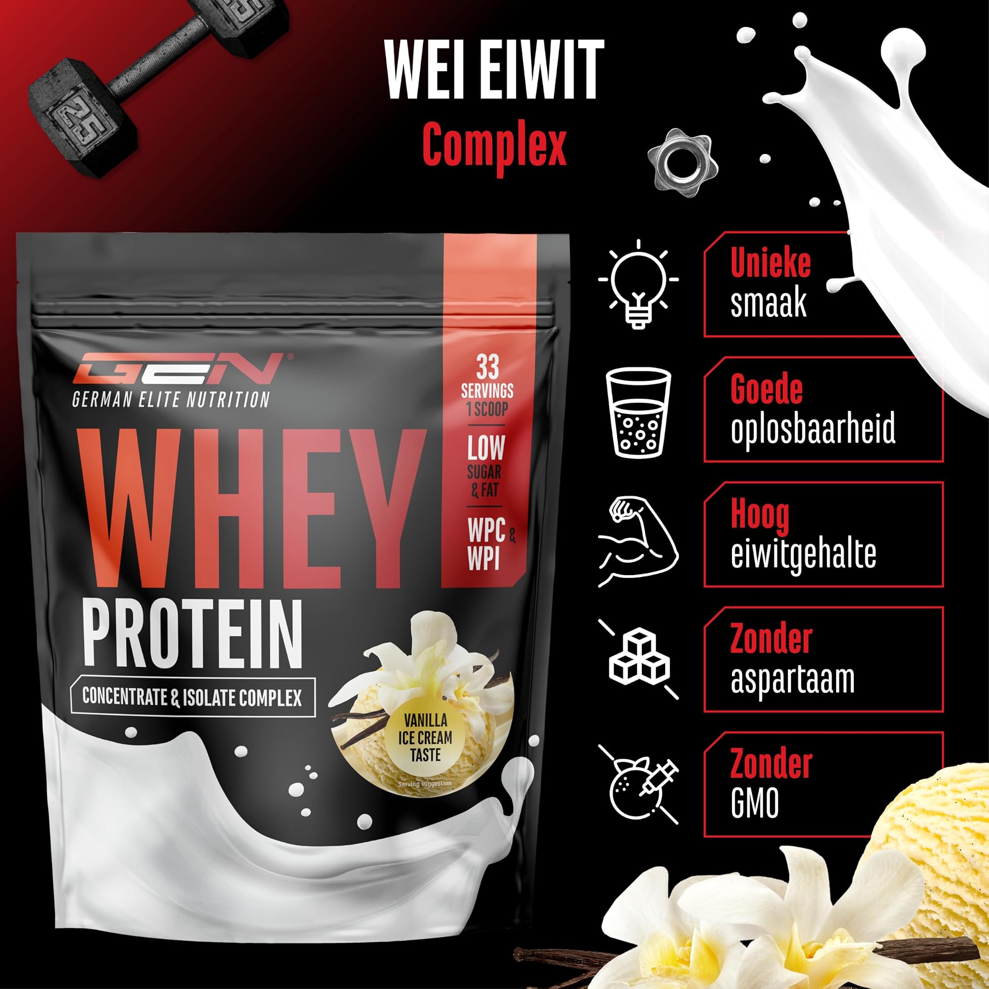 GEN Whey Protein Complex Vanille-ijs 1 kg - WPC en WPI mix, hoge oplosbaarheid, zonder aspartaam