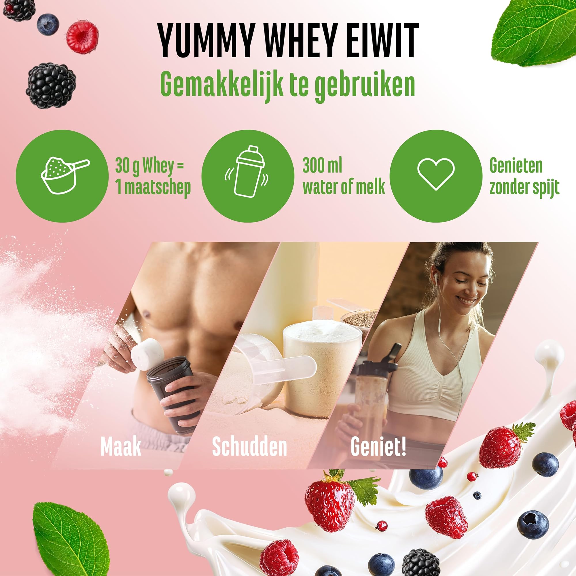Vit4ever Yummy Whey Protein Berry Buttermilk 908 g - bereiden: 30 g poeder met 300 ml water of melk