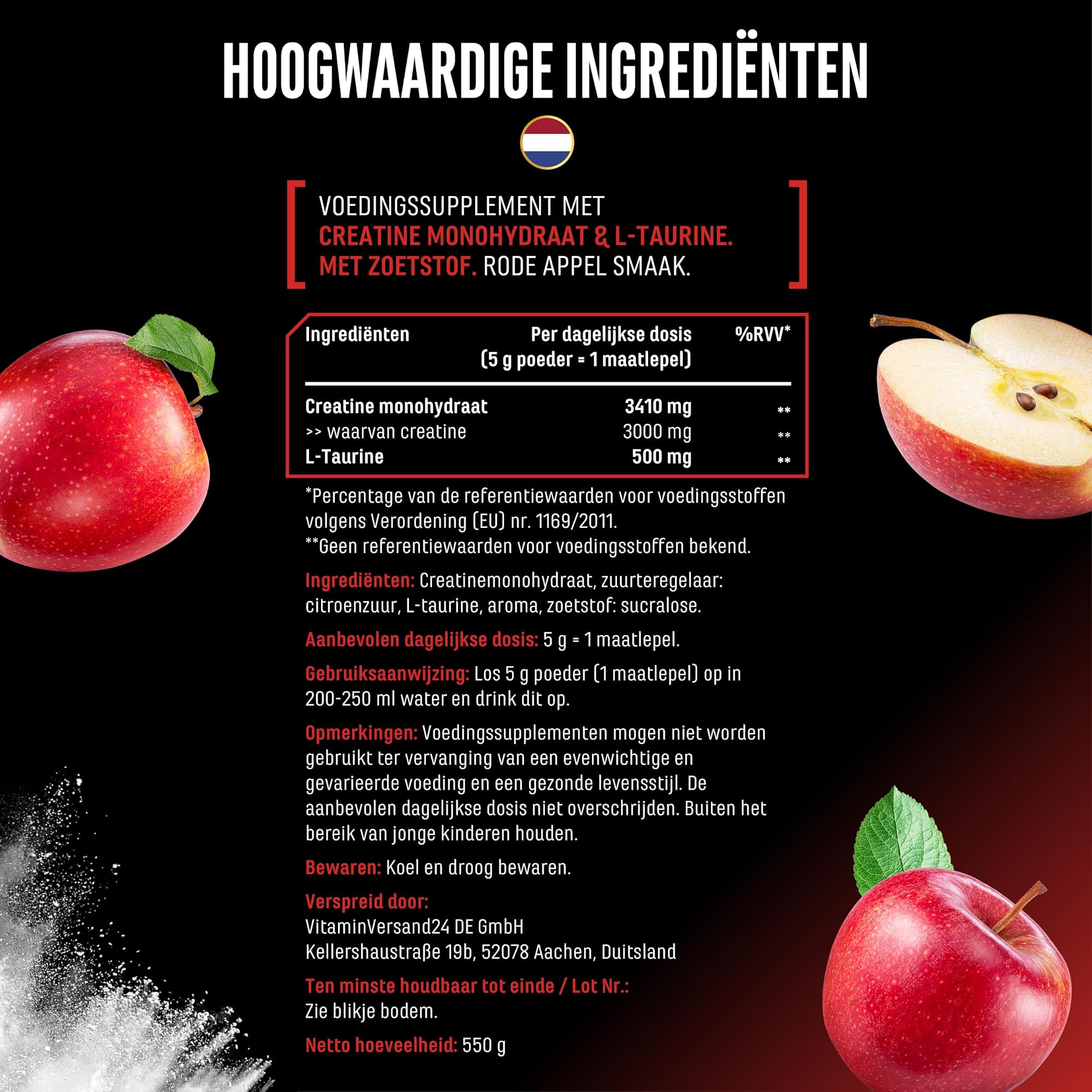 German Elite Nutrition Flavoured Creatine+ Rode Appel 550 g - sportsupplement van hoge zuiverheid