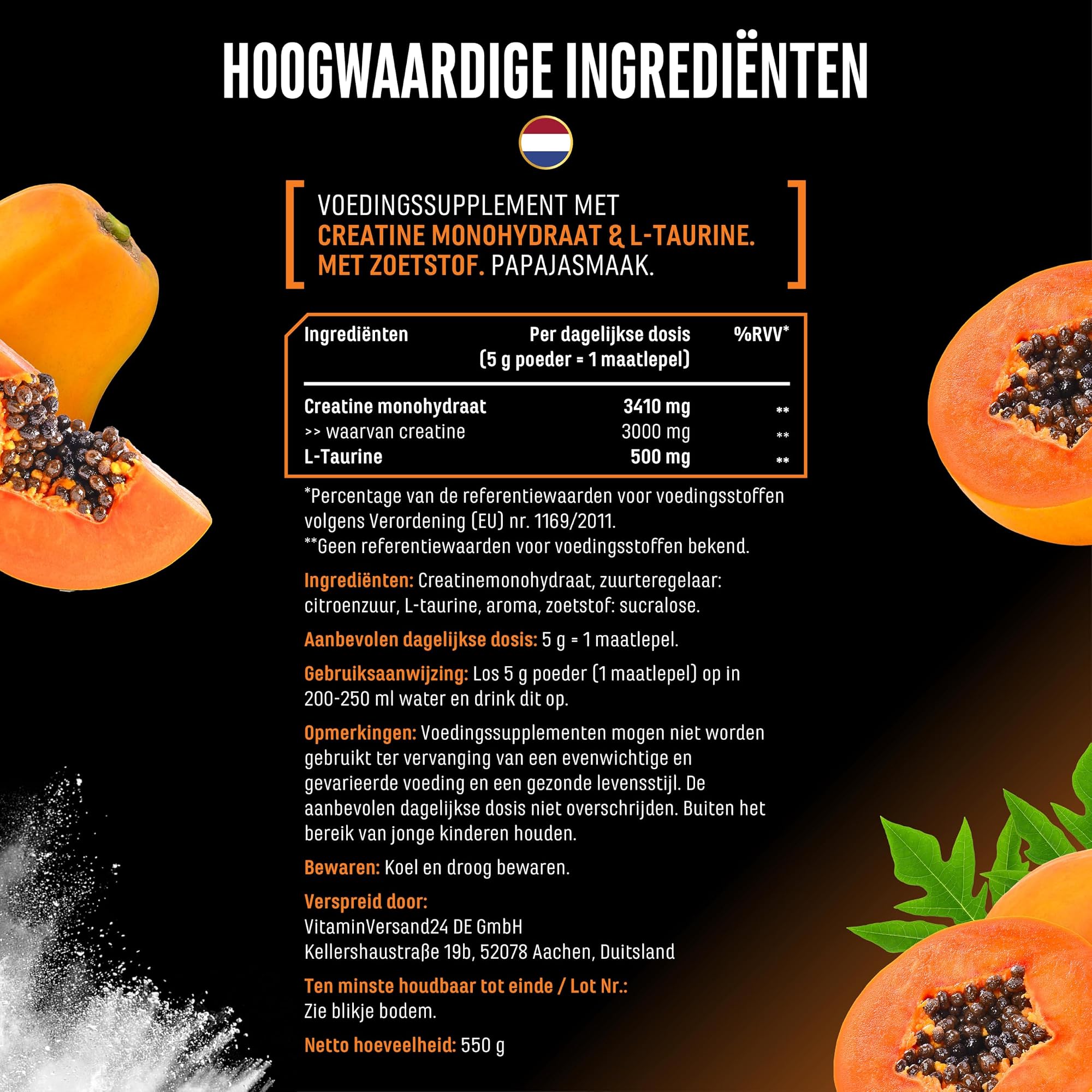 German Elite Nutrition Flavoured Creatine+ Papaya 550 g - sportsupplement van hoge zuiverheid