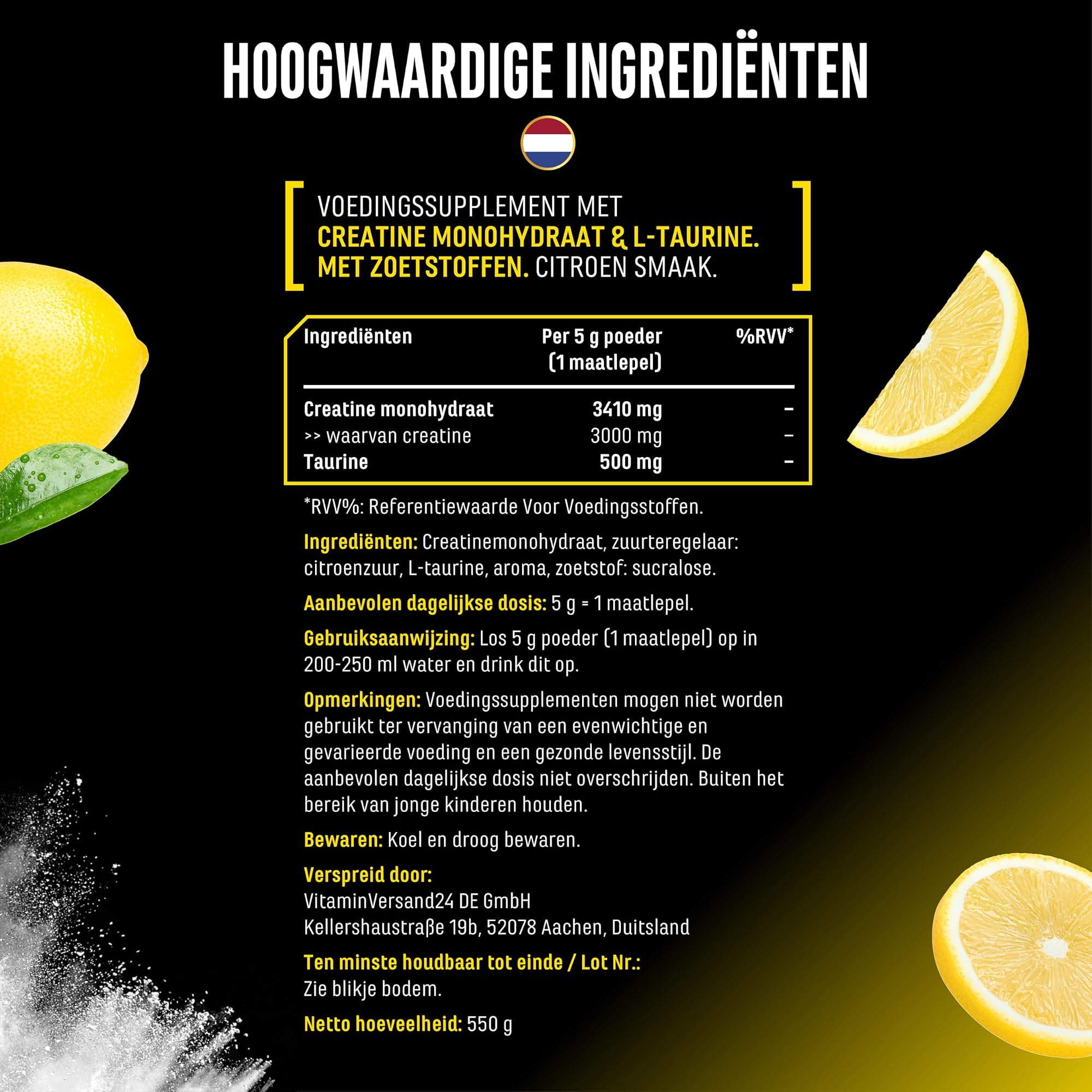 German Elite Nutrition Flavoured Creatine+ Citroen 550 g - sportsupplement van hoge zuiverheid