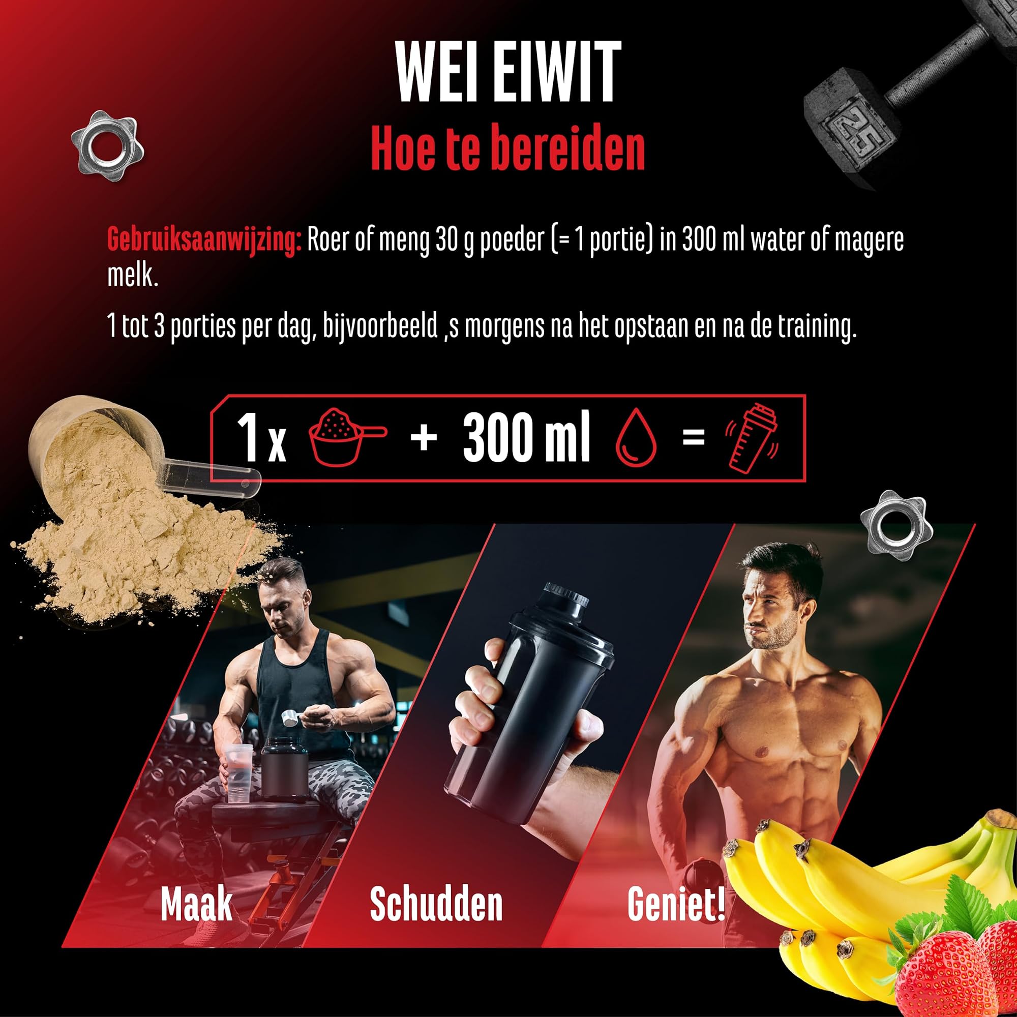 GEN Whey Protein Complex Aardbei-banaan 1 kg - bereiden: 30 g poeder met 300 ml water of magere melk