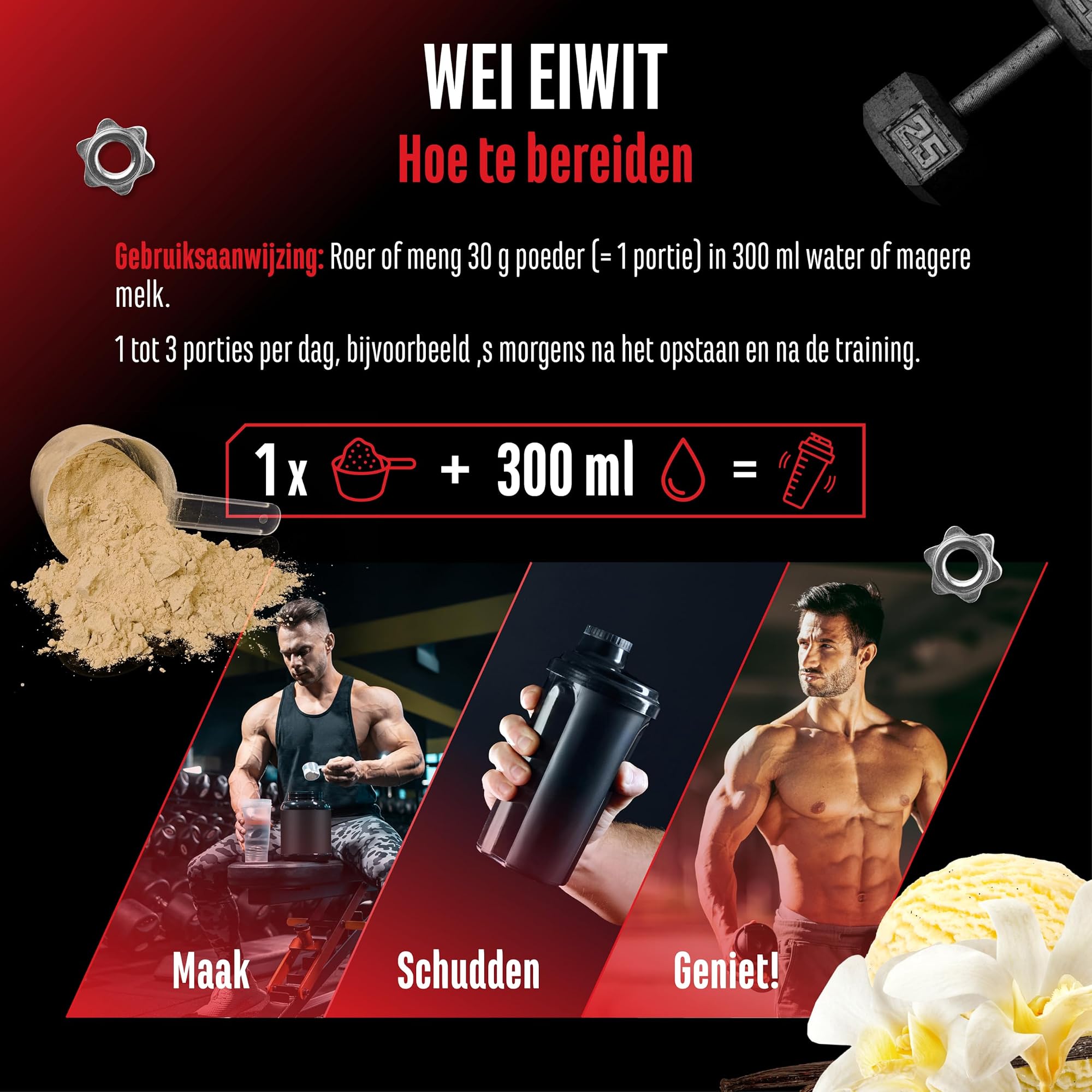 GEN Whey Protein Complex Vanille-ijs 1 kg - bereiden: 30 g poeder met 300 ml water of magere melk