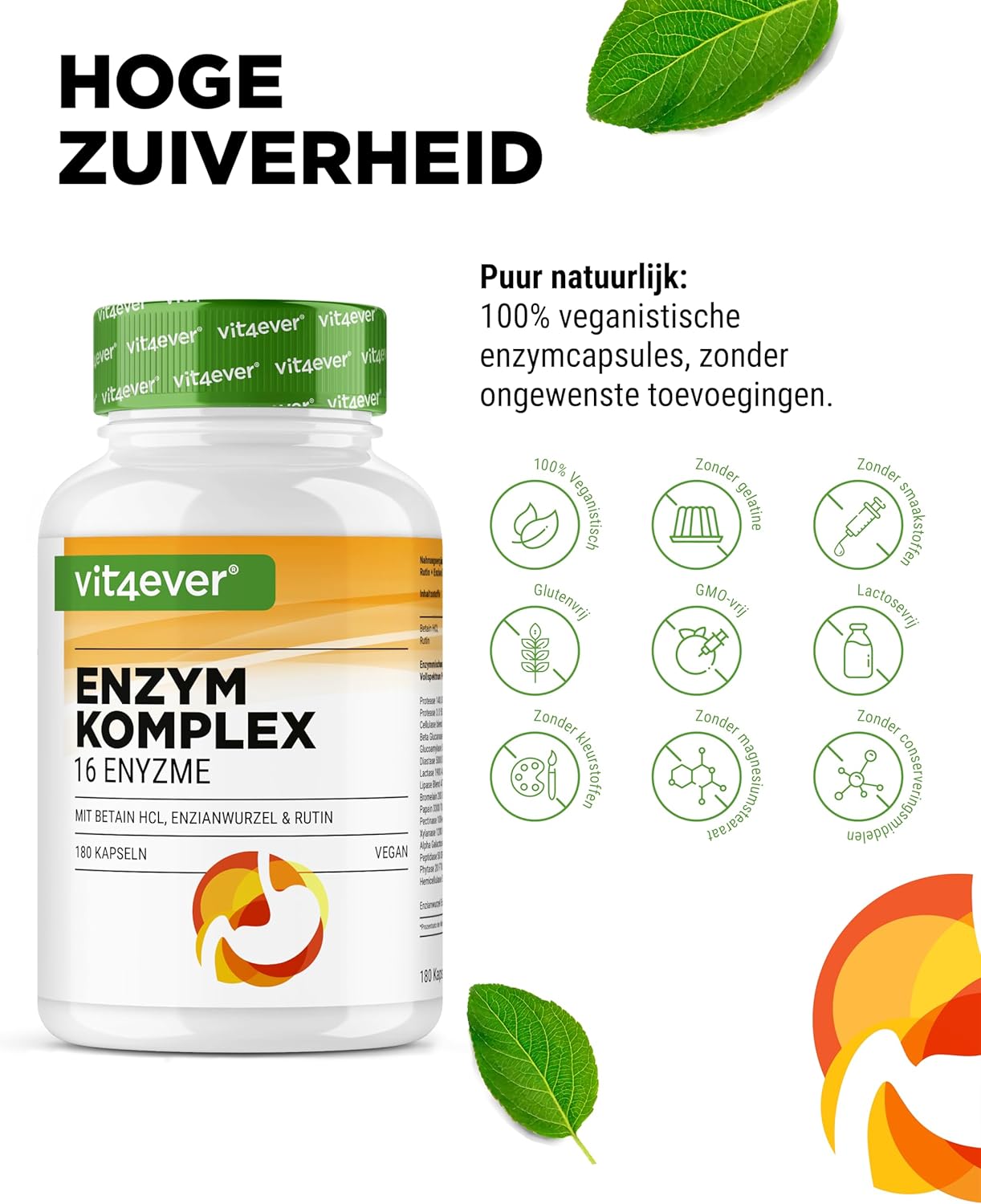 Spijsverteringsenzymen met betaine HCL, rutin & gentiaan | 180 capsules | Vit4ever