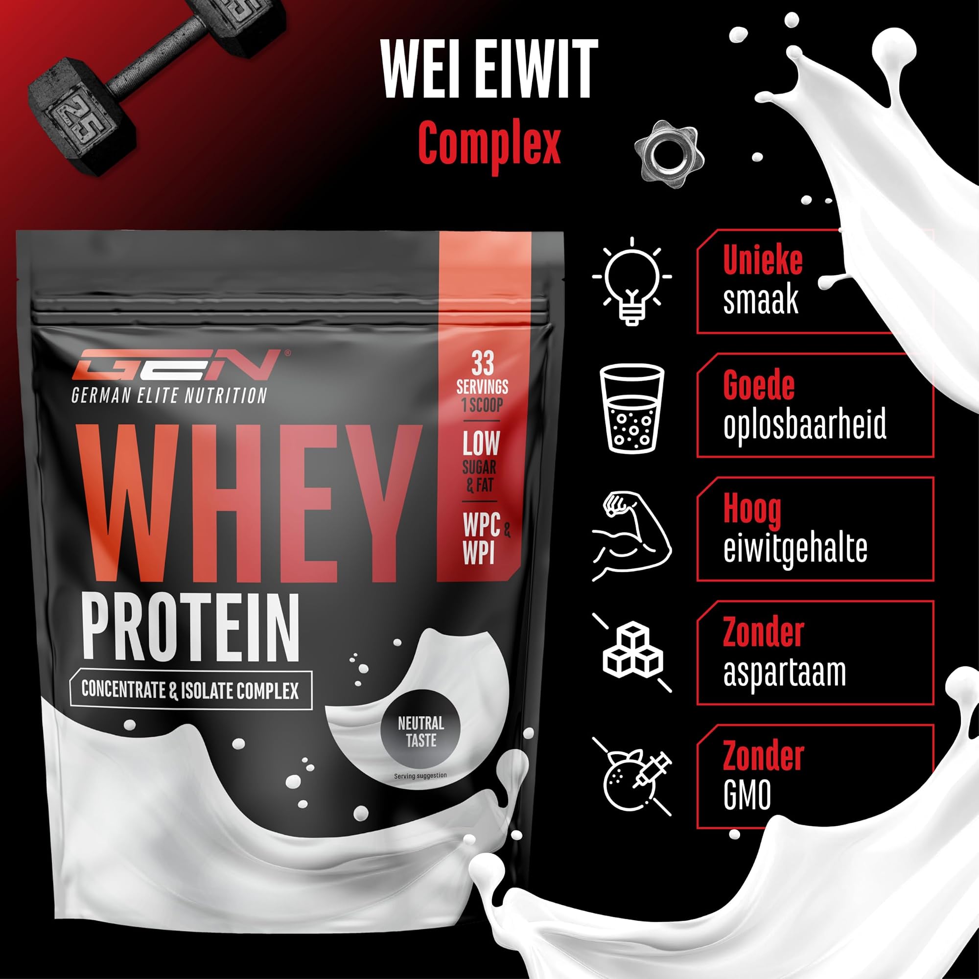 GEN Whey Protein Complex Neutraal 1 kg - WPC en WPI mix, hoge oplosbaarheid, zonder aspartaam