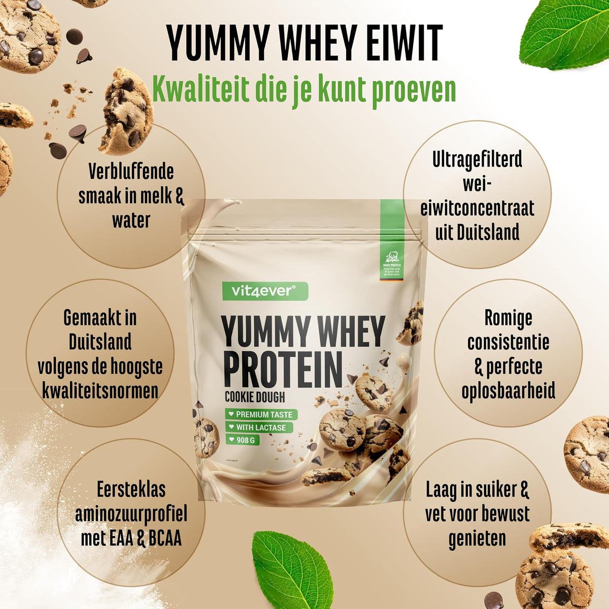 Vit4ever Yummy Whey Protein Cookie Dough 908 g - ultragefilterd wei-eiwitconcentraat uit Duitsland met EAA en BCAA