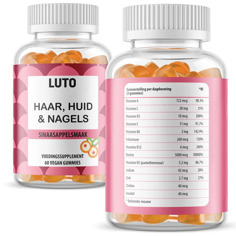 Haar, Huid & Nagel Gummies | Vitamine C, Biotine, Foliumzuur | 60 Sinaasappel Gummies | LUTO Supplement