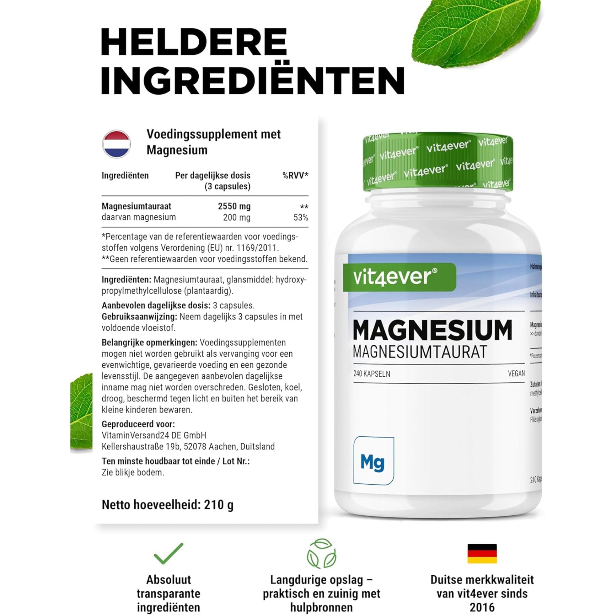 Vit4ever Magnesiumtauraat 200mg - mineralensupplement voor dagelijks gebruik
