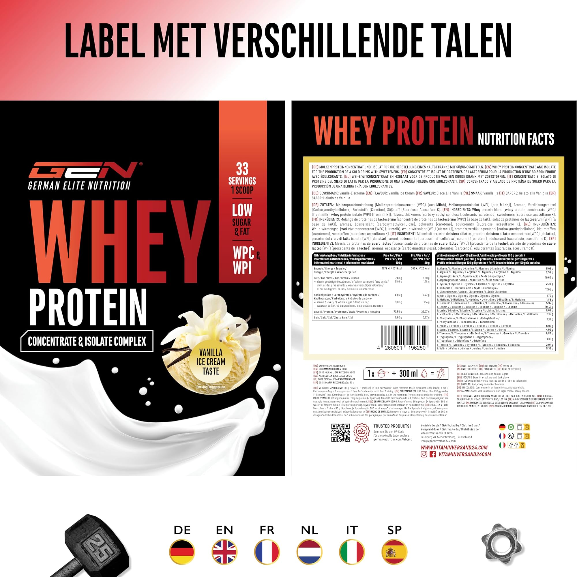 GEN Whey Protein Complex Vanille-ijs 1 kg - etiket met voedingswaarden in verschillende talen