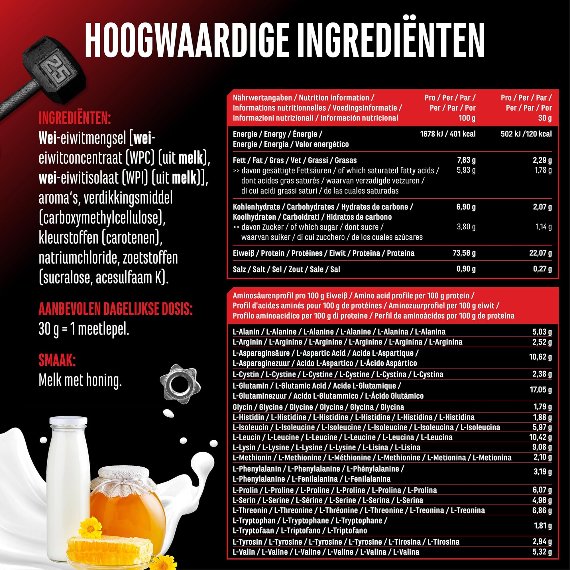 GEN Whey Protein Complex Melk met honing 1 kg - ingredienten, voedingswaarden en aminozuurprofiel per portie