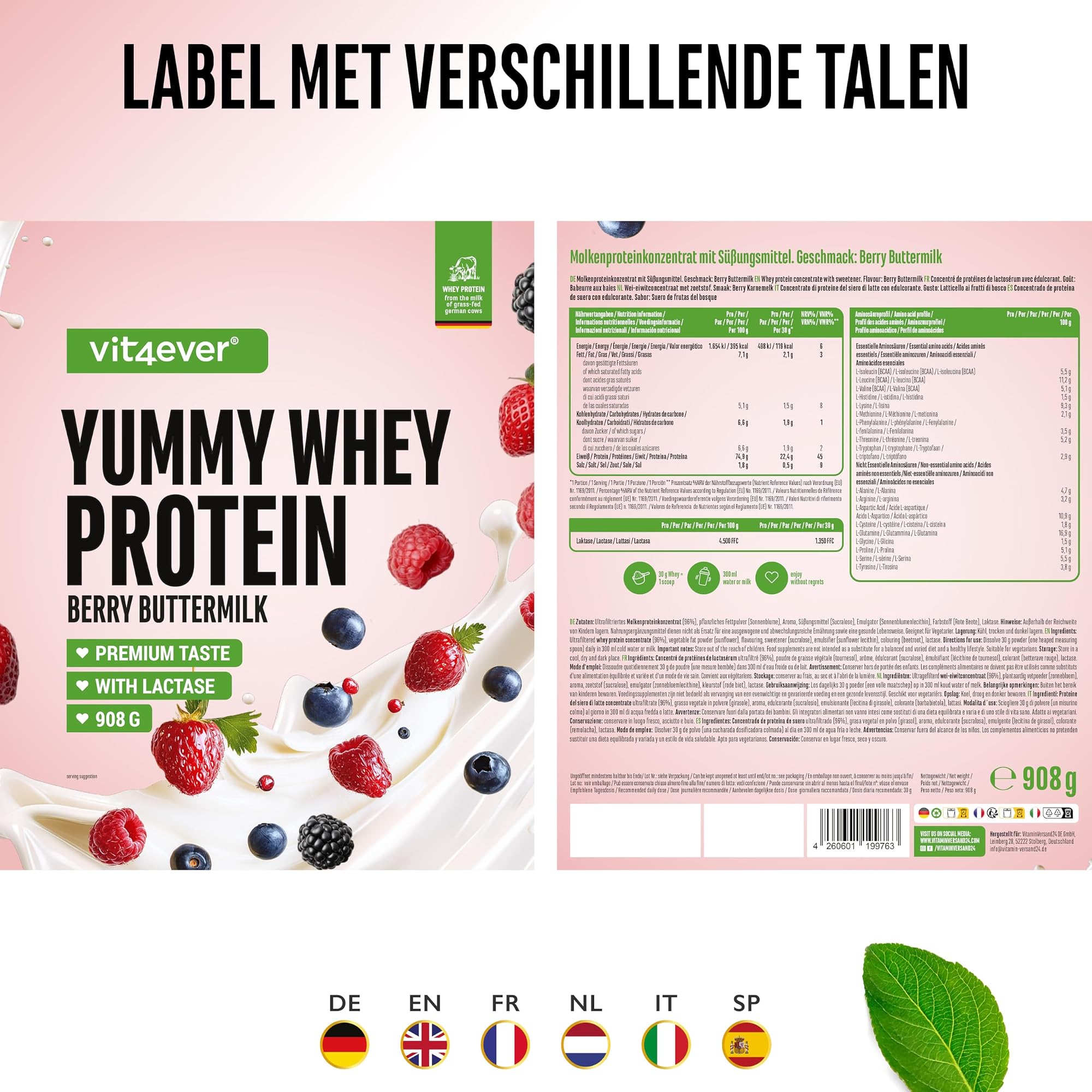 Vit4ever Yummy Whey Protein Berry Buttermilk 908 g - etiket met voedingswaarden en ingredienten in zes talen
