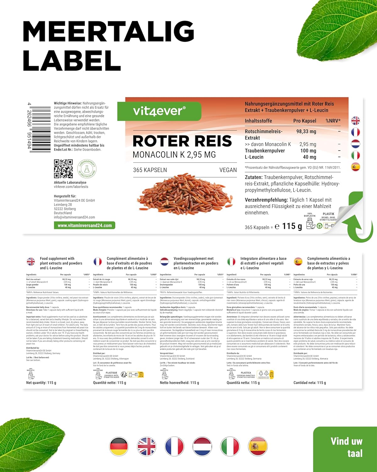 Rode rijstextract | 2,95 mg Monacolin K | 365 capsules | Vit4ever