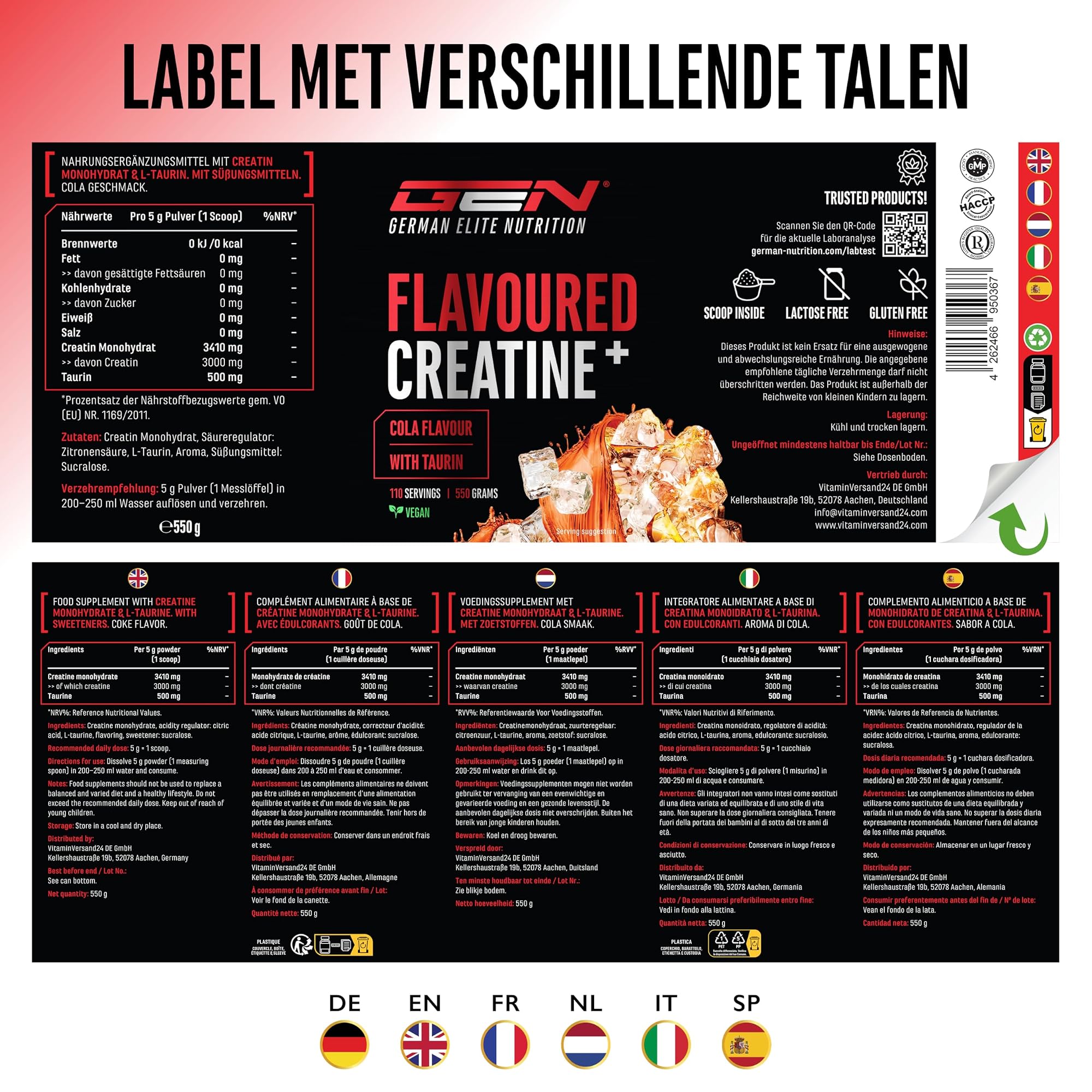 German Elite Nutrition Flavoured Creatine+ Cola 550 g - voedingswaarden en ingrediënten