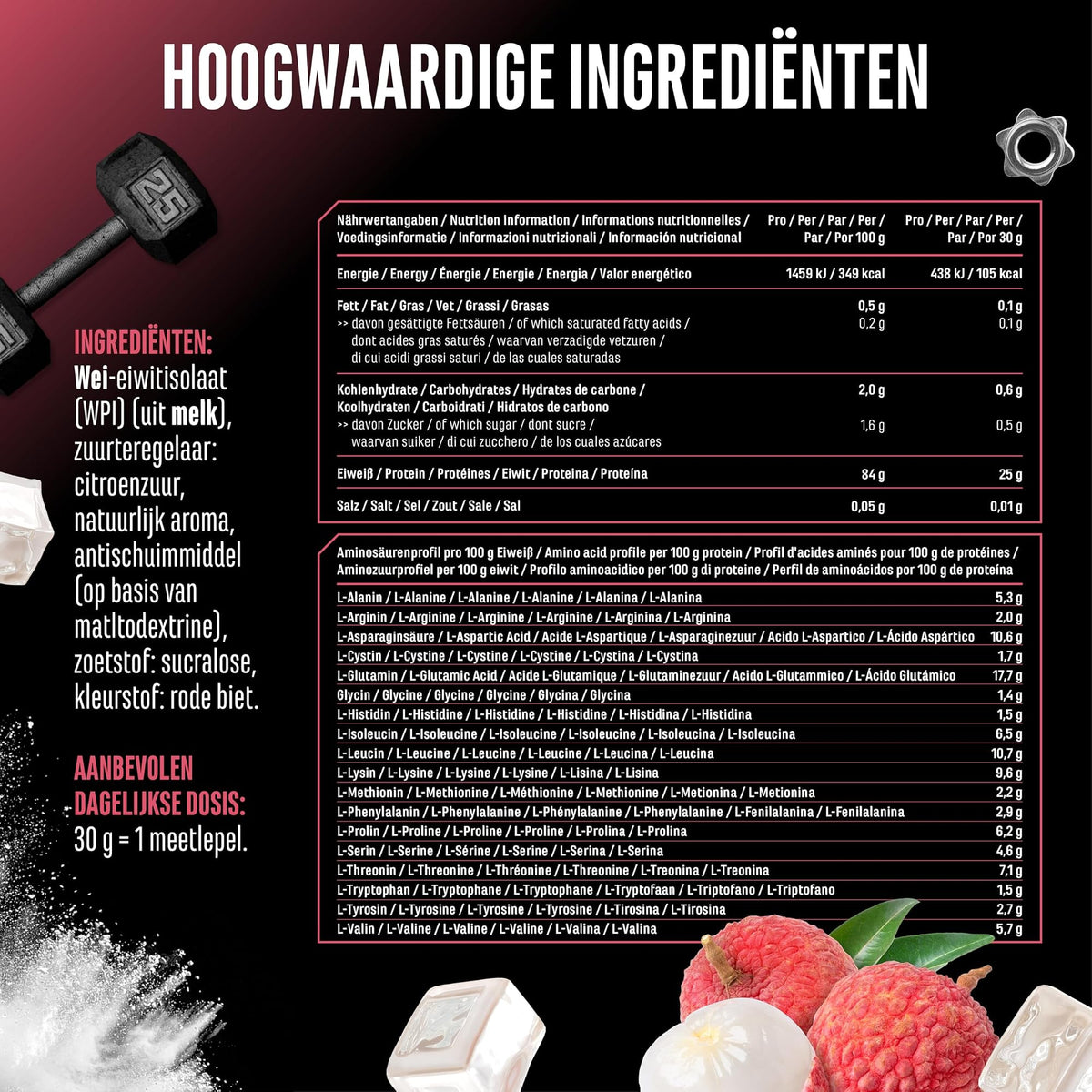 GEN Clear Whey Protein Isolate Lychee 900 g - hoogwaardige ingredienten met voedingswaarden en aminozuurprofiel
