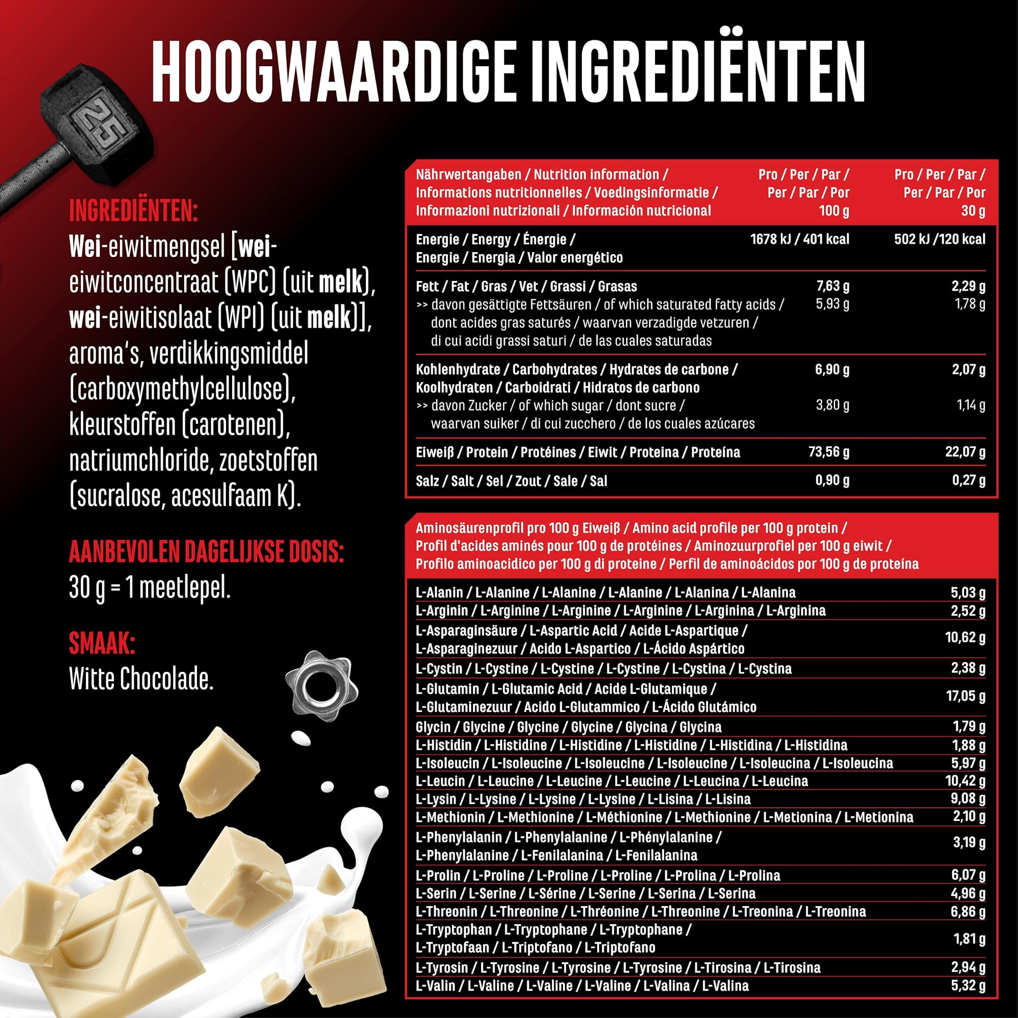 GEN Whey Protein Complex Witte chocolade 1 kg - ingredienten, voedingswaarden en aminozuurprofiel per portie