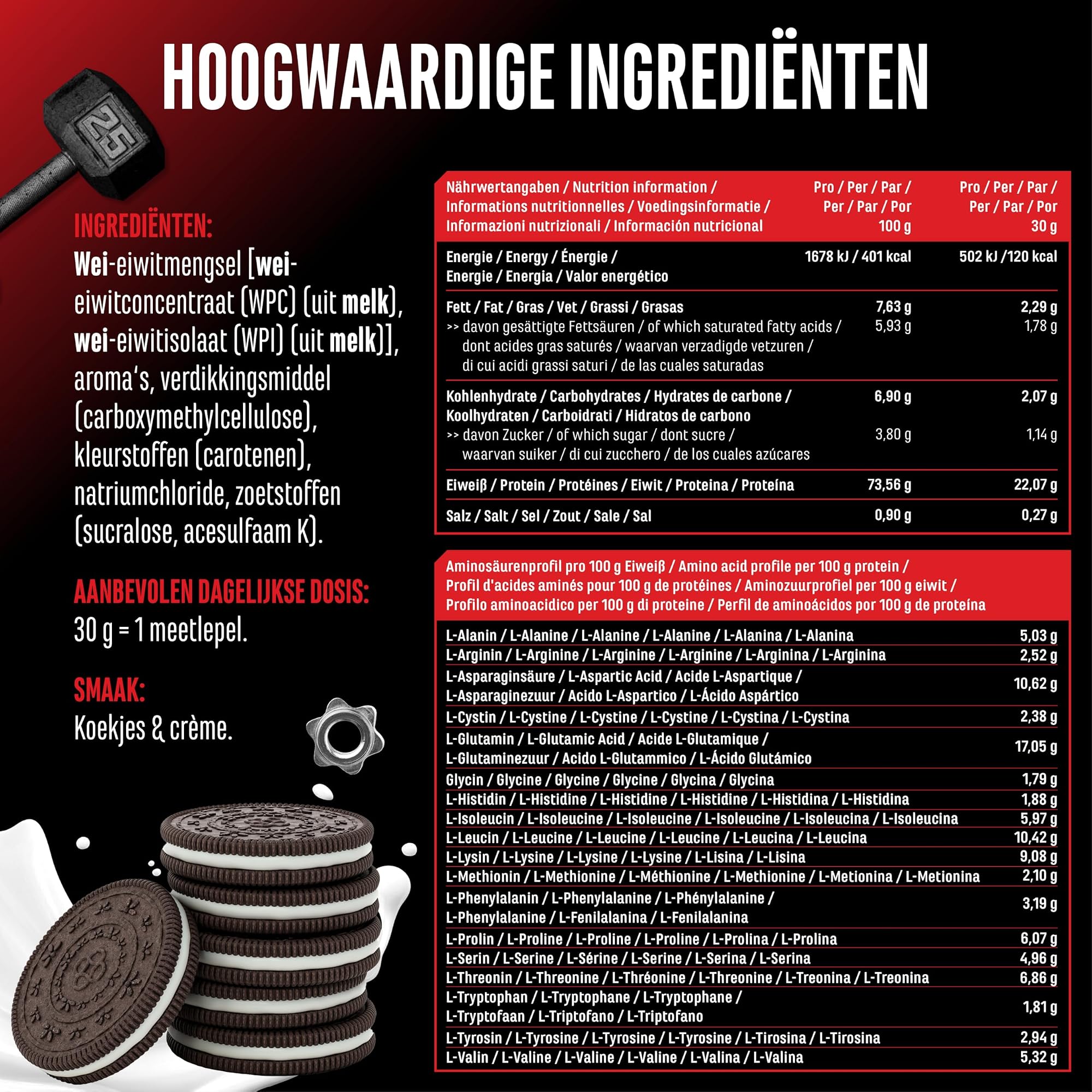 GEN Whey Protein Complex Cookies and Cream 1 kg - ingredienten, voedingswaarden en aminozuurprofiel per portie