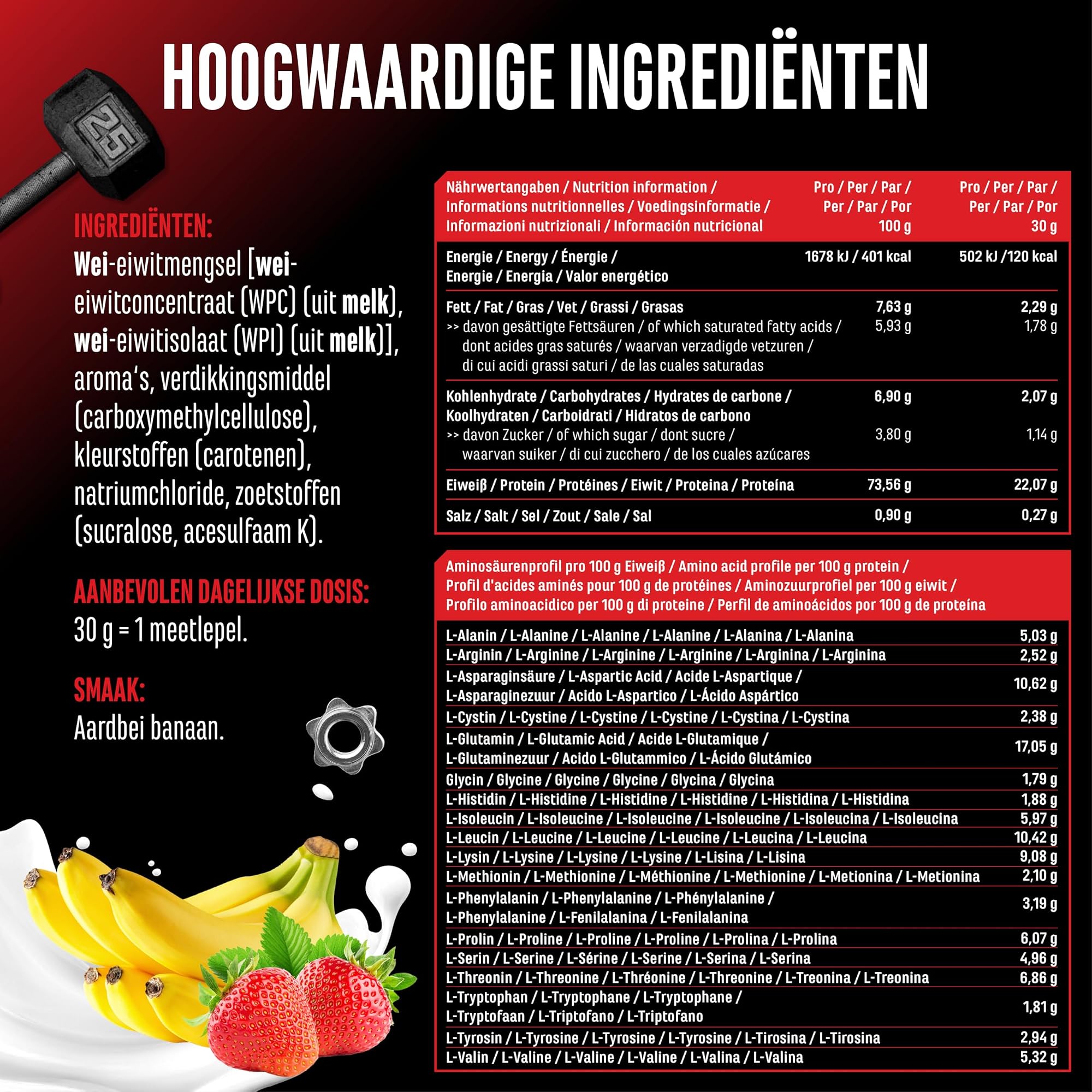 GEN Whey Protein Complex Aardbei-banaan 1 kg - ingredienten, voedingswaarden en aminozuurprofiel per portie