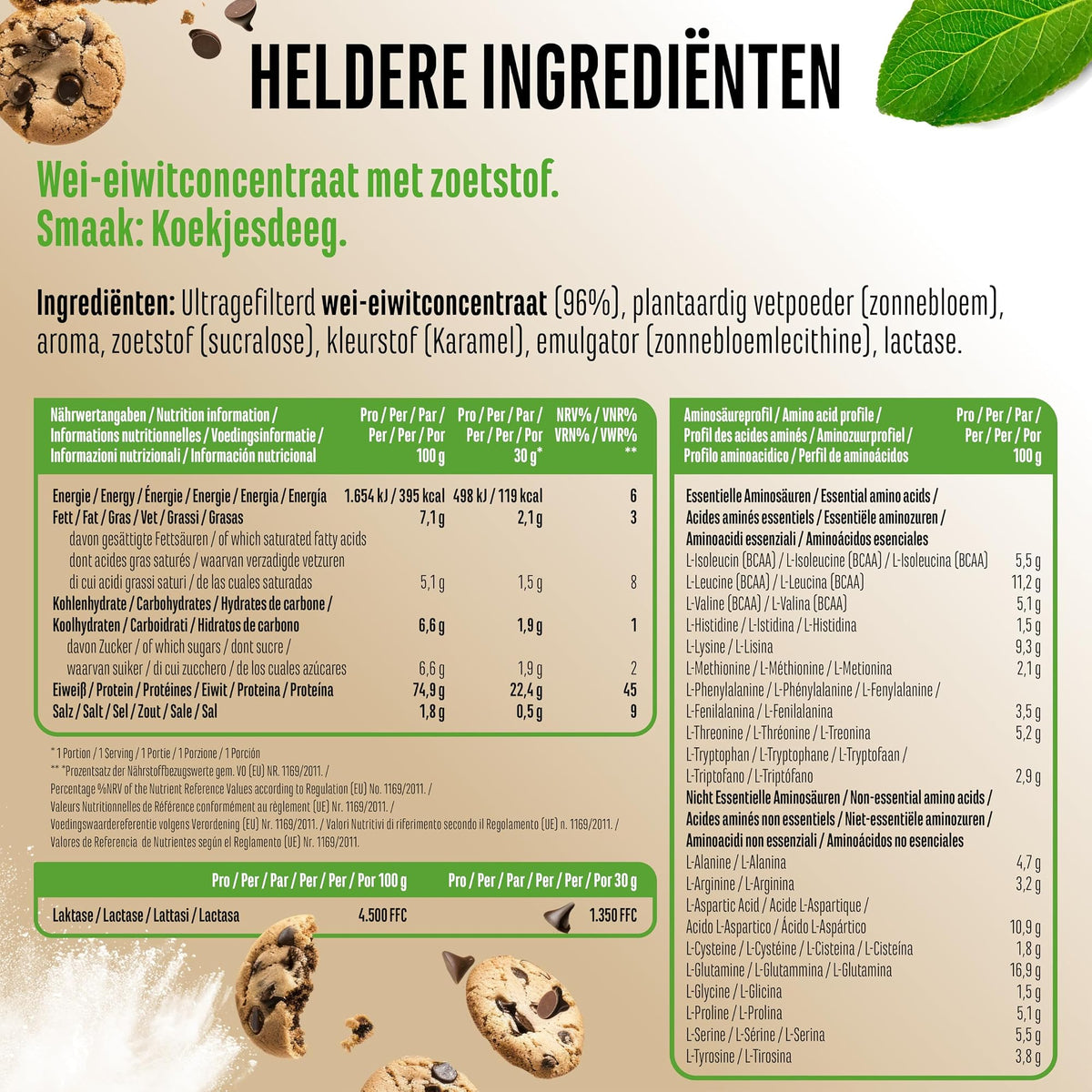 Vit4ever Yummy Whey Protein Cookie Dough 908 g - ingredienten, voedingswaarden en aminozuurprofiel per portie