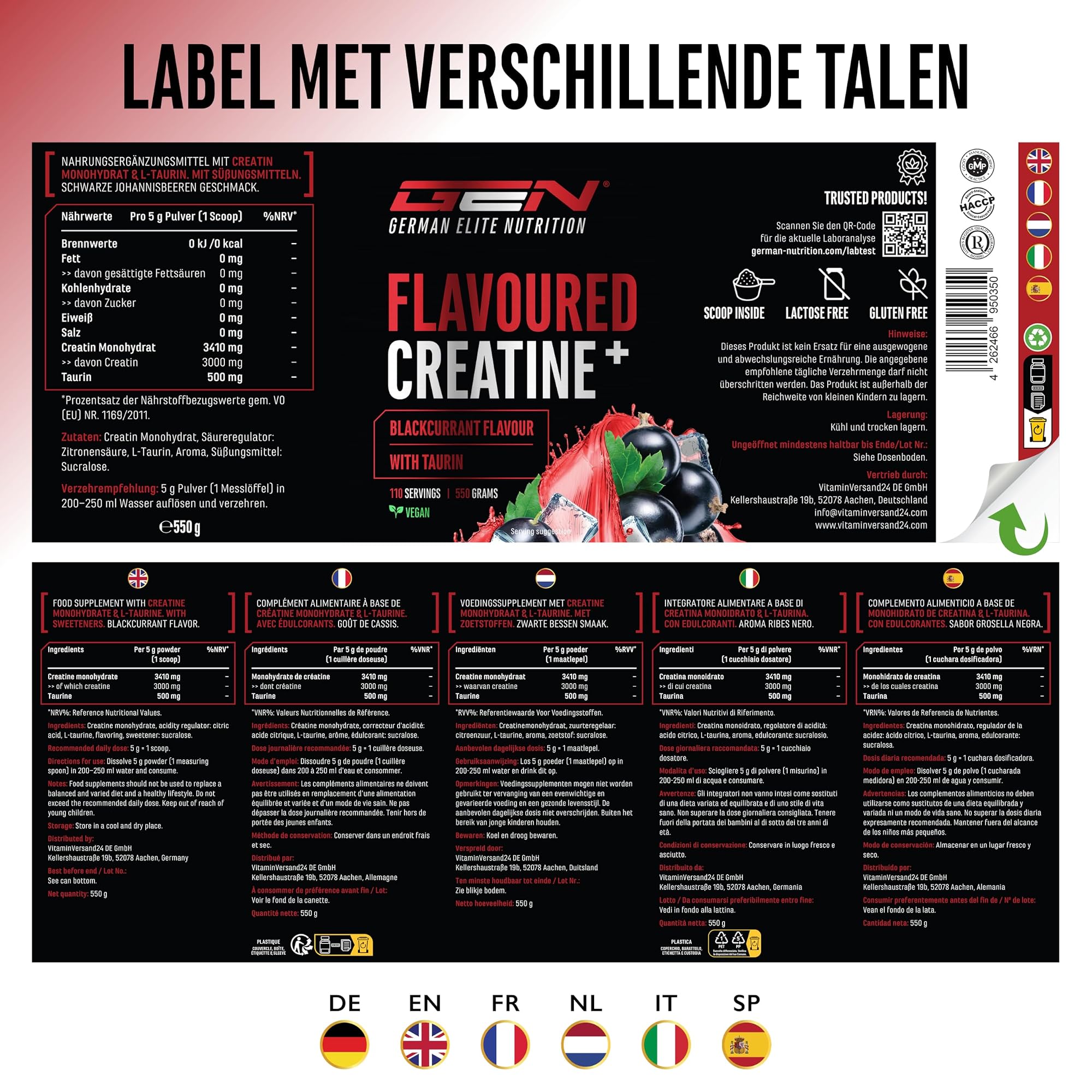 German Elite Nutrition Flavoured Creatine+ Zwarte bes 550 g - voedingswaarden en ingrediënten