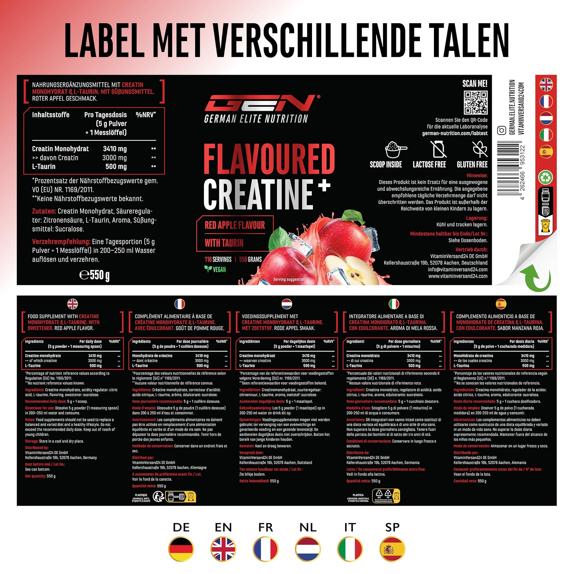 German Elite Nutrition Flavoured Creatine+ Rode Appel 550 g - voedingswaarden en ingrediënten