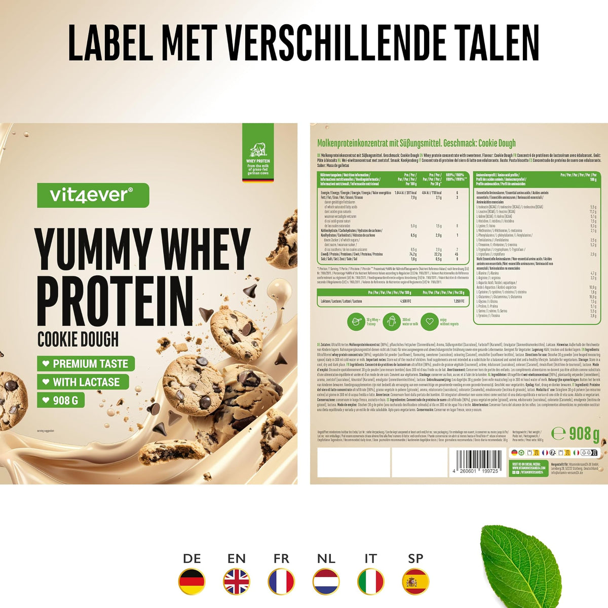 Vit4ever Yummy Whey Protein Cookie Dough 908 g - etiket met voedingswaarden en ingredienten in zes talen